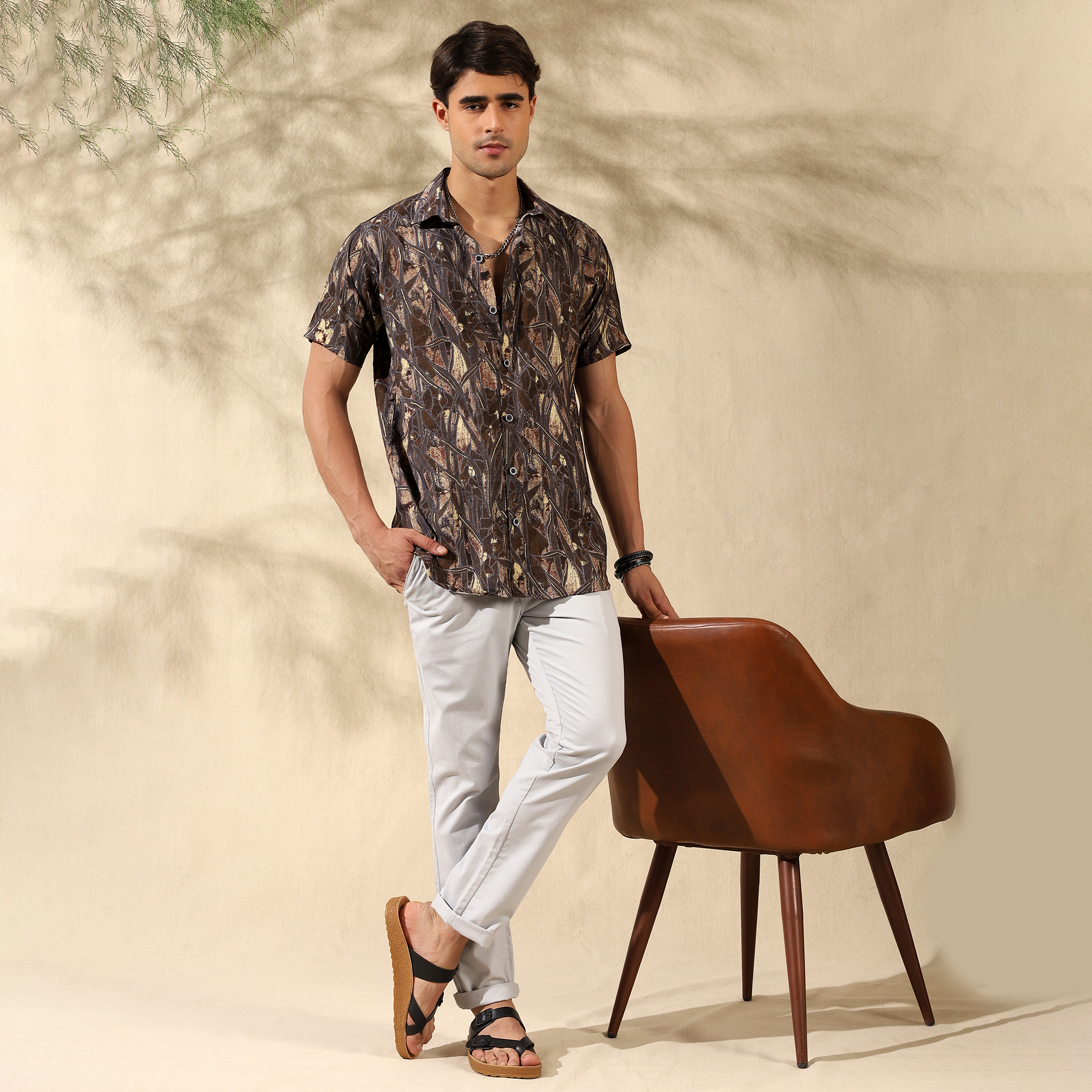 BROWN HALF CASUAL PRINTED COTTON SHIRT REGULAR FIT FOR MEN