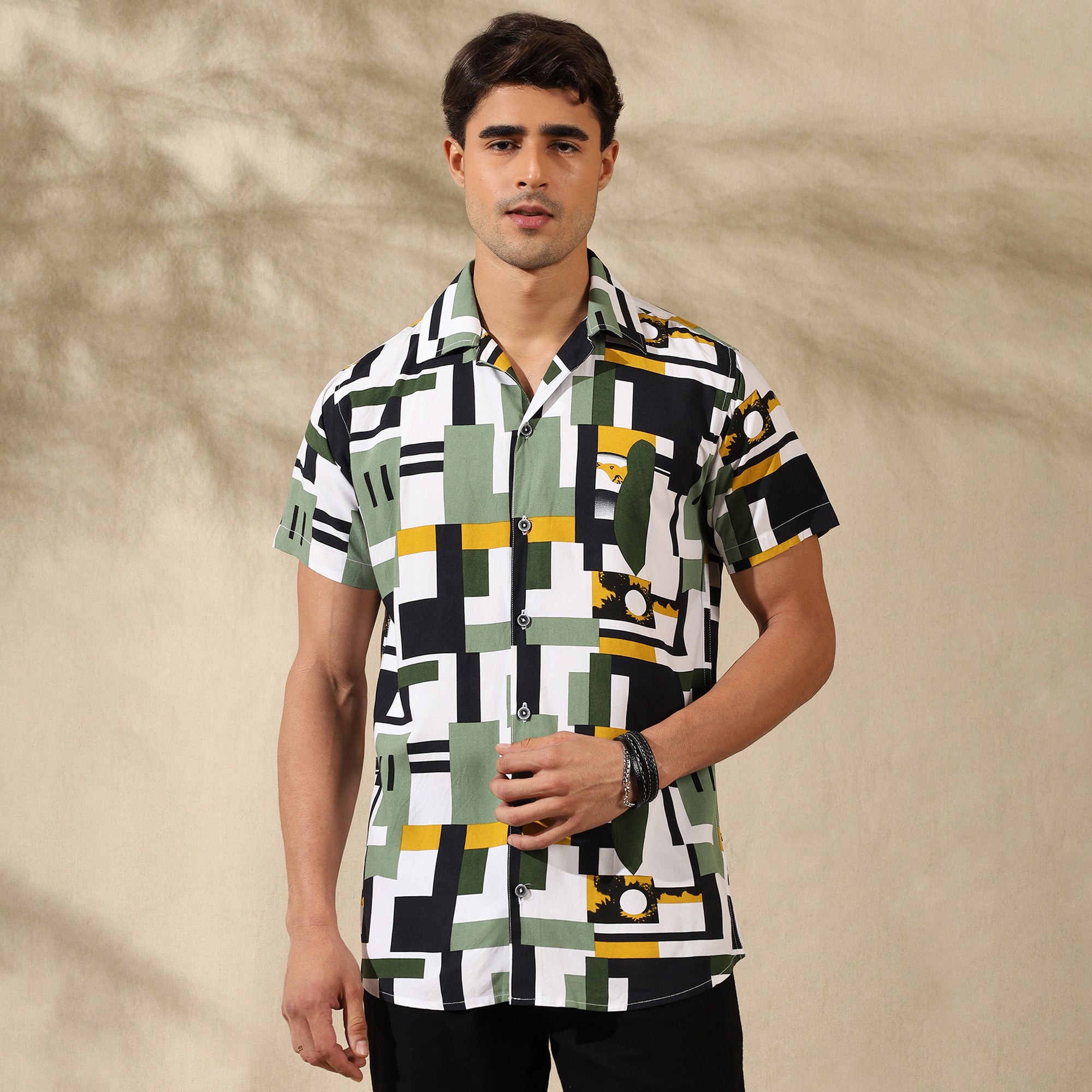 GREEN HALF CASUAL PRINTED COTTON SHIRT REGULAR FIT FOR MEN