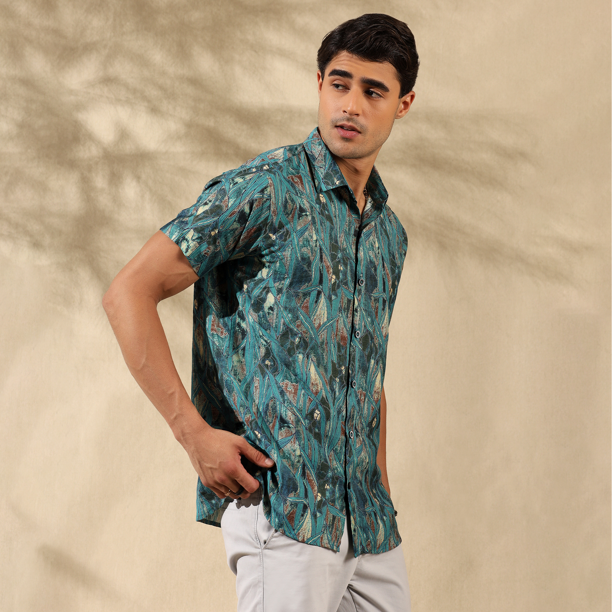 BLUE HALF CASUAL PRINTED COTTON SHIRT REGULAR FIT FOR MEN