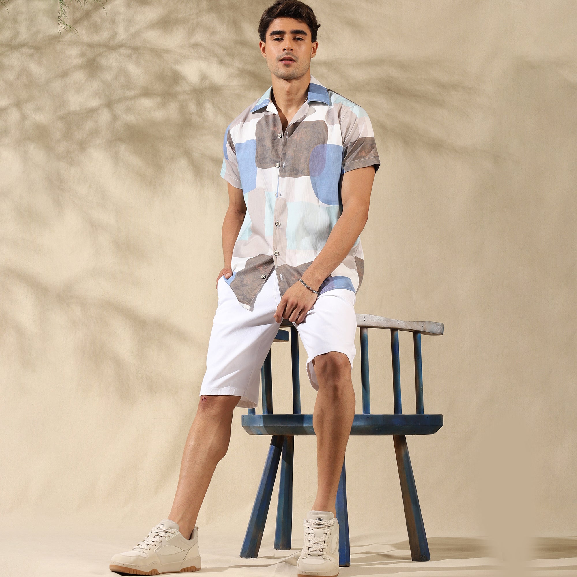 BLUE WHITE HALF CASUAL PRINTED COTTON SHIRT REGULAR FIT FOR MEN