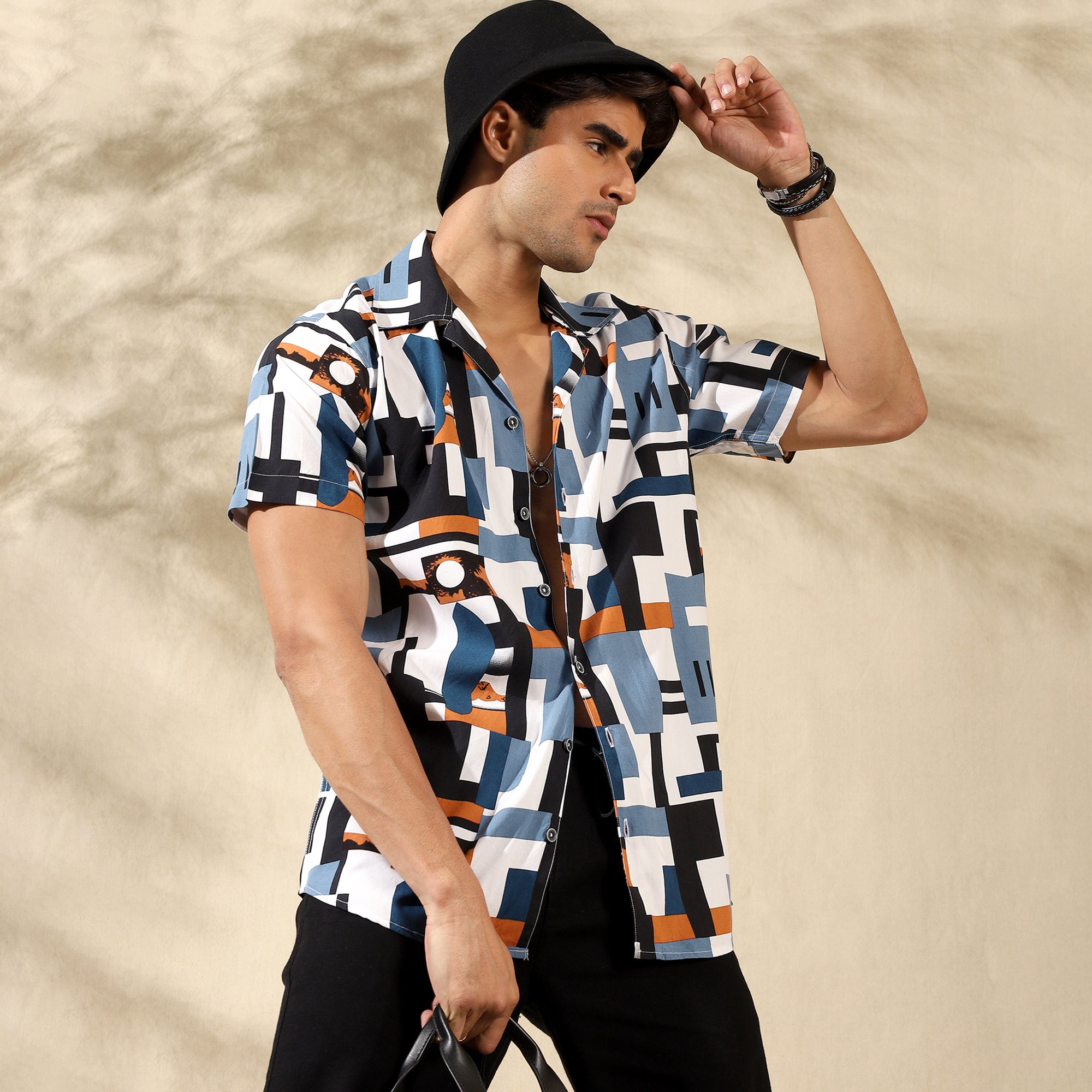 BLUE HALF CASUAL PRINTED COTTON SHIRT REGULAR FIT FOR MEN