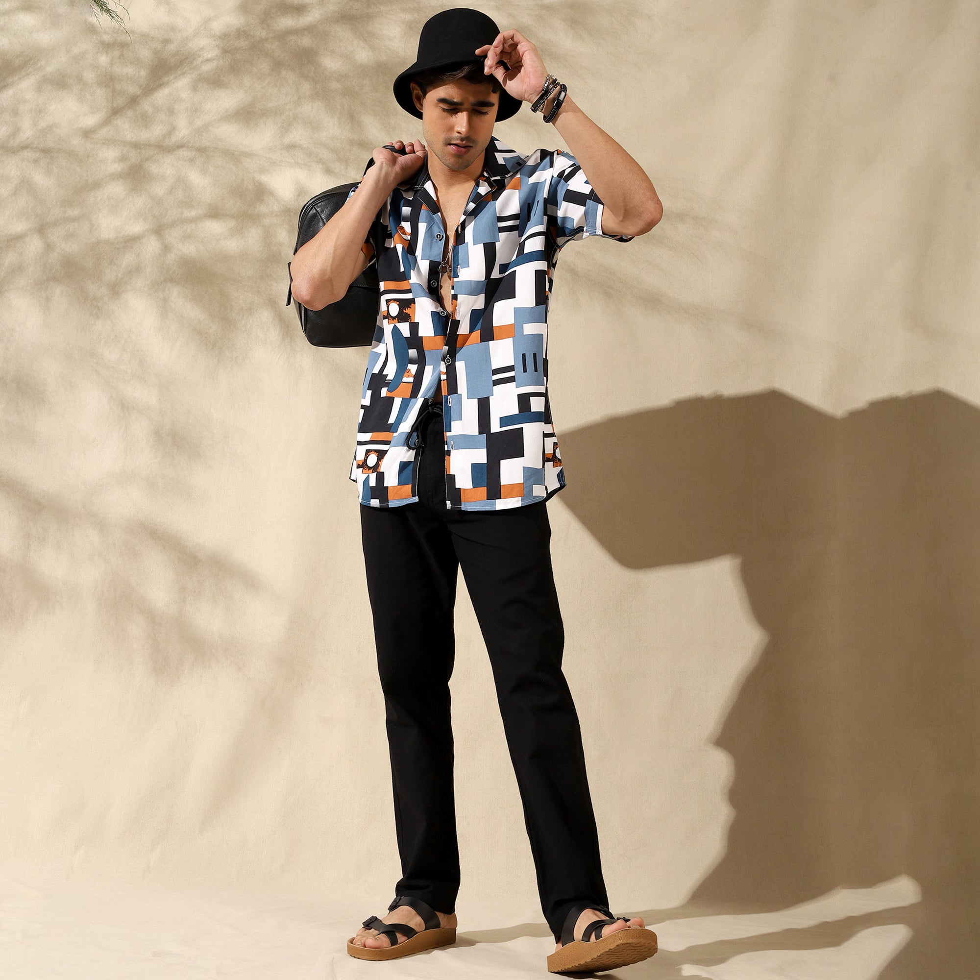 BLUE HALF CASUAL PRINTED COTTON SHIRT REGULAR FIT FOR MEN