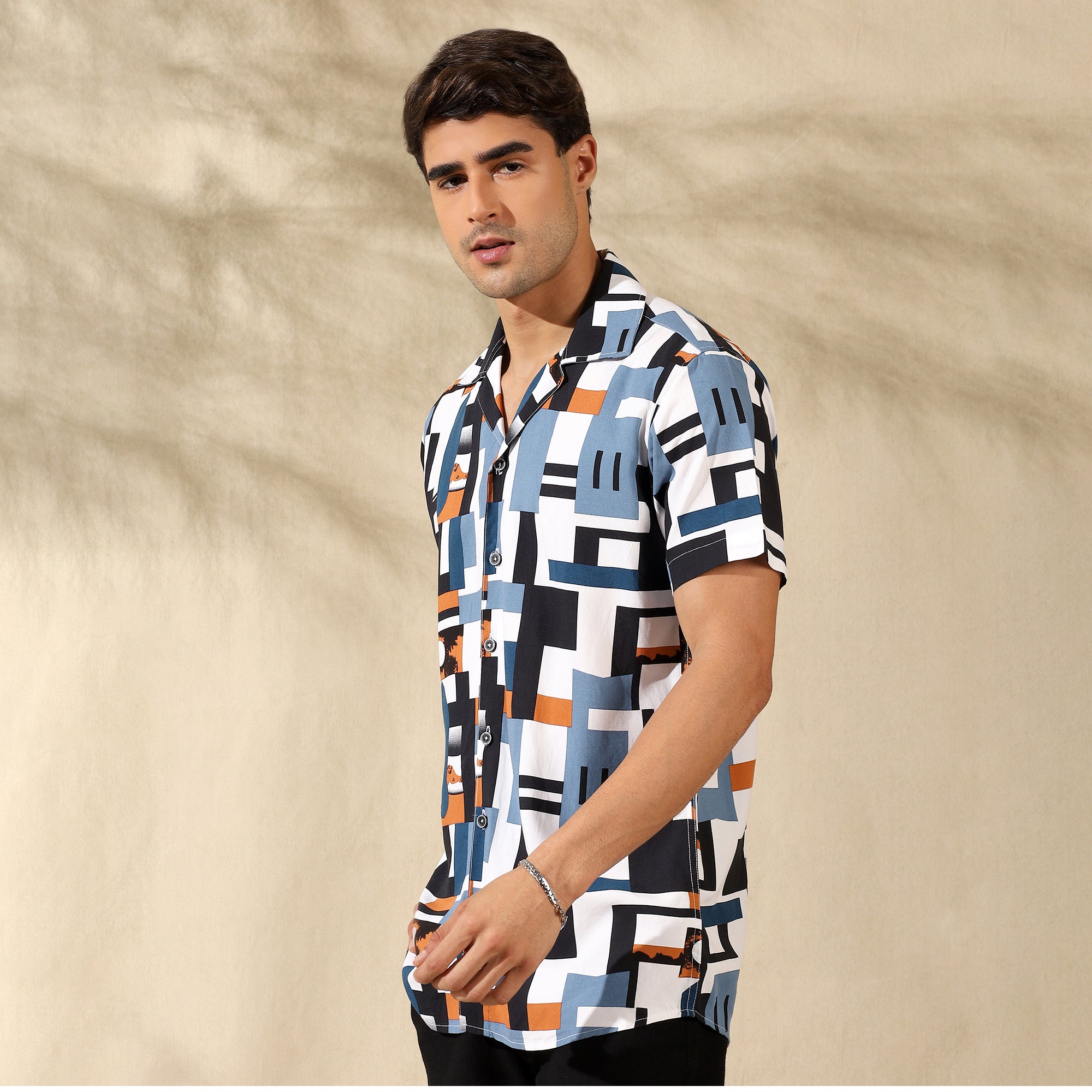 BLUE HALF CASUAL PRINTED COTTON SHIRT REGULAR FIT FOR MEN