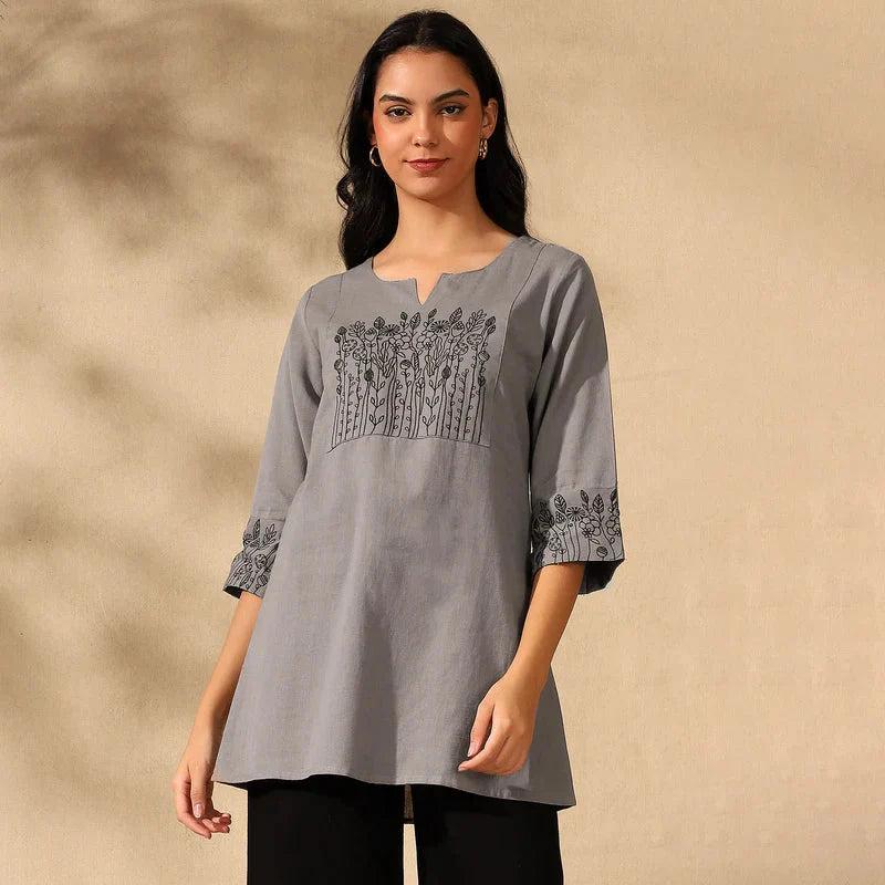 BOTANICAL EMBROIDERED COTTON KURTI FOR WOMEN | PERFECT FEMALE TUNIC FOR EVERYDAY WEAR | GREY Filo Hevis