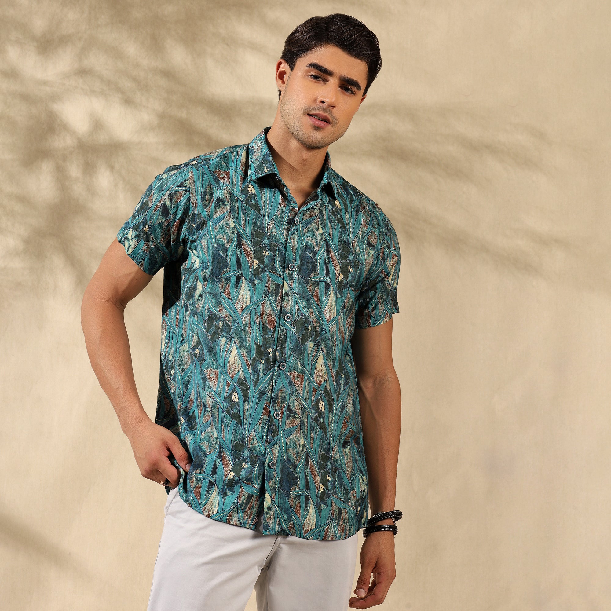 BLUE HALF CASUAL PRINTED COTTON SHIRT REGULAR FIT FOR MEN