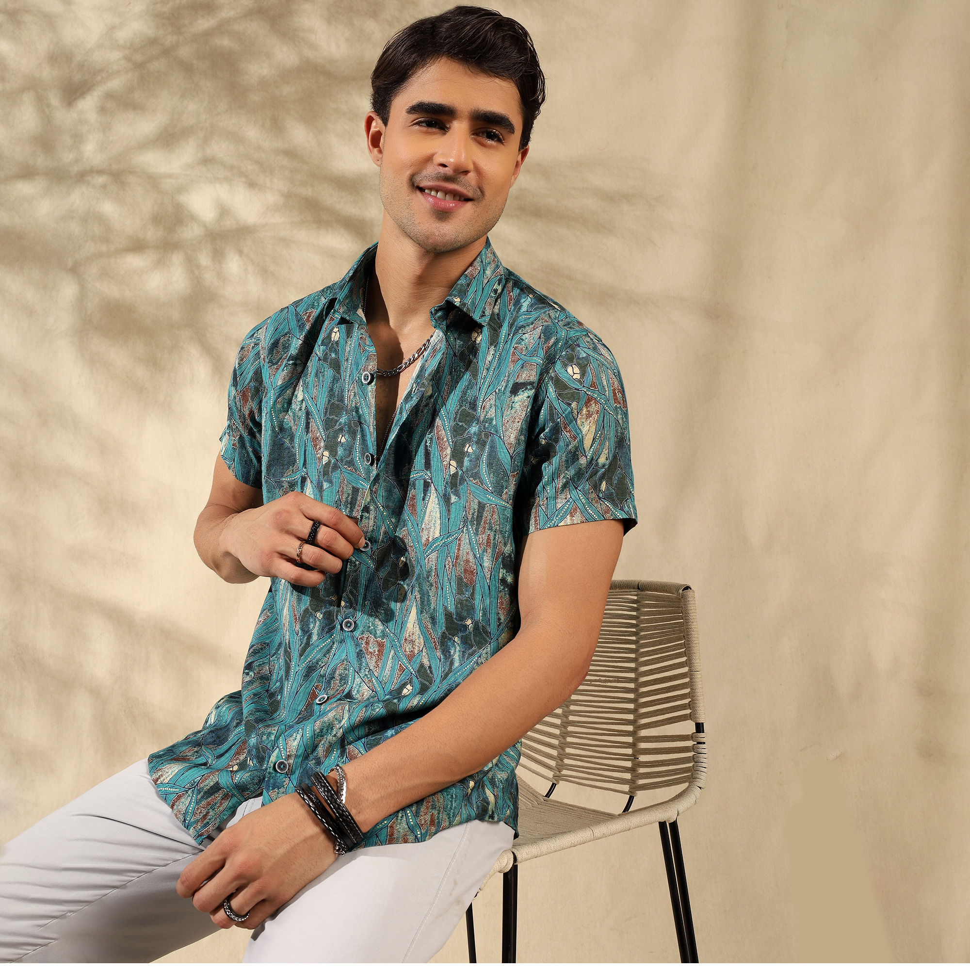 BLUE HALF CASUAL PRINTED COTTON SHIRT REGULAR FIT FOR MEN