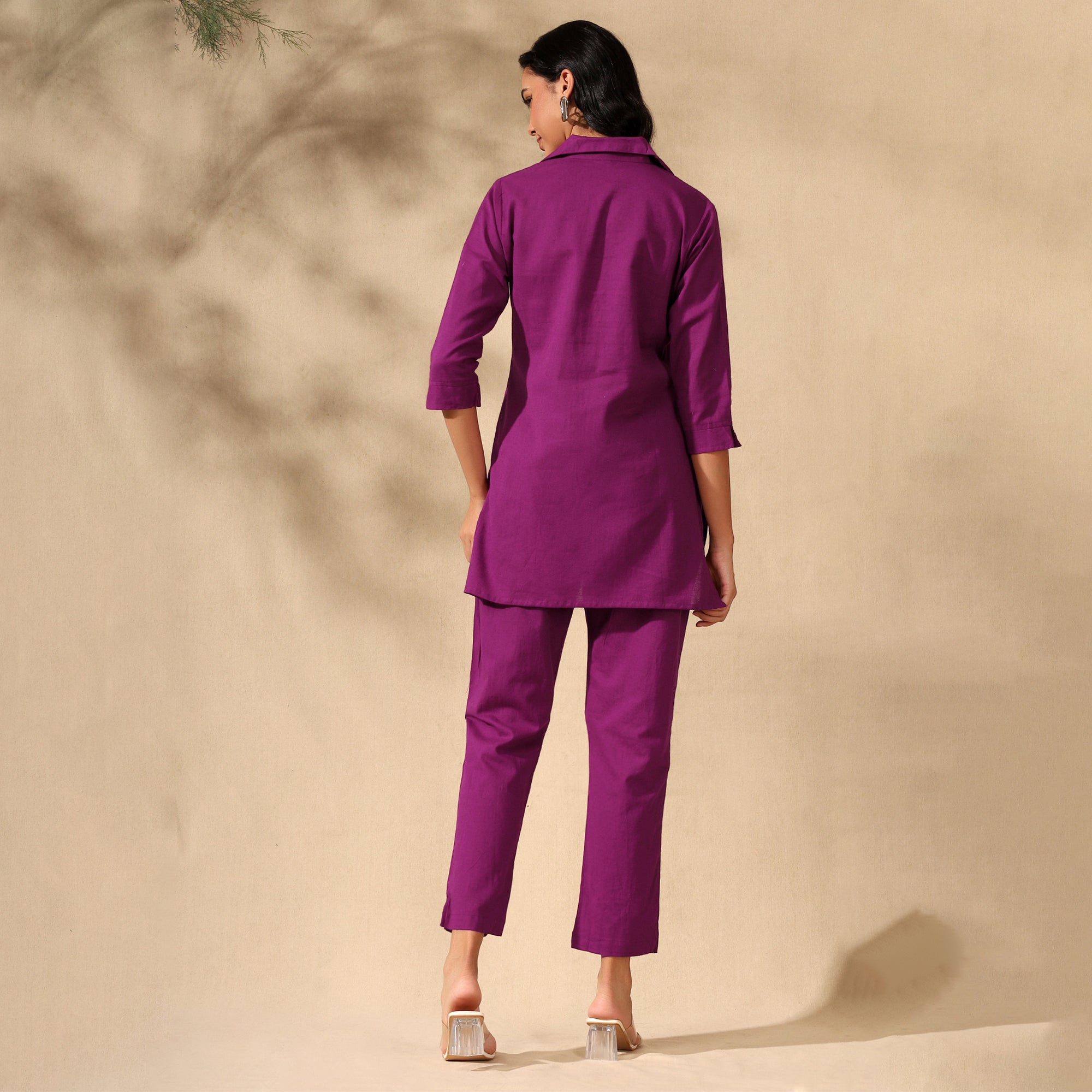 FLORAL EMBROIDERED COTTON CORD SET FOR WOMEN | SHIRT-PANT FUSION WEAR | MAGENTA