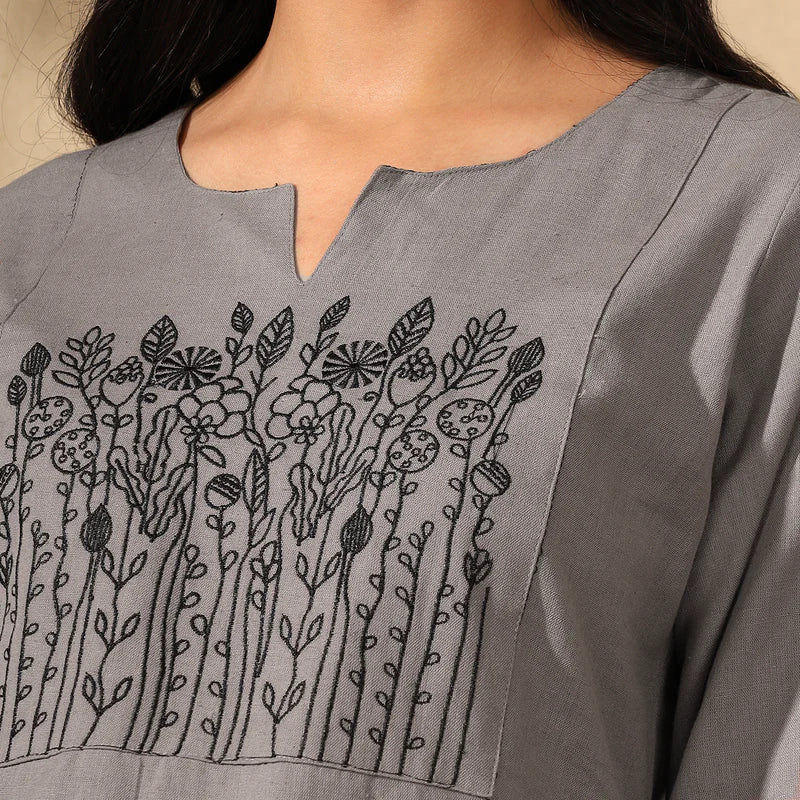 BOTANICAL EMBROIDERED COTTON KURTI FOR WOMEN | PERFECT FEMALE TUNIC FOR EVERYDAY WEAR | GREY Filo Hevis