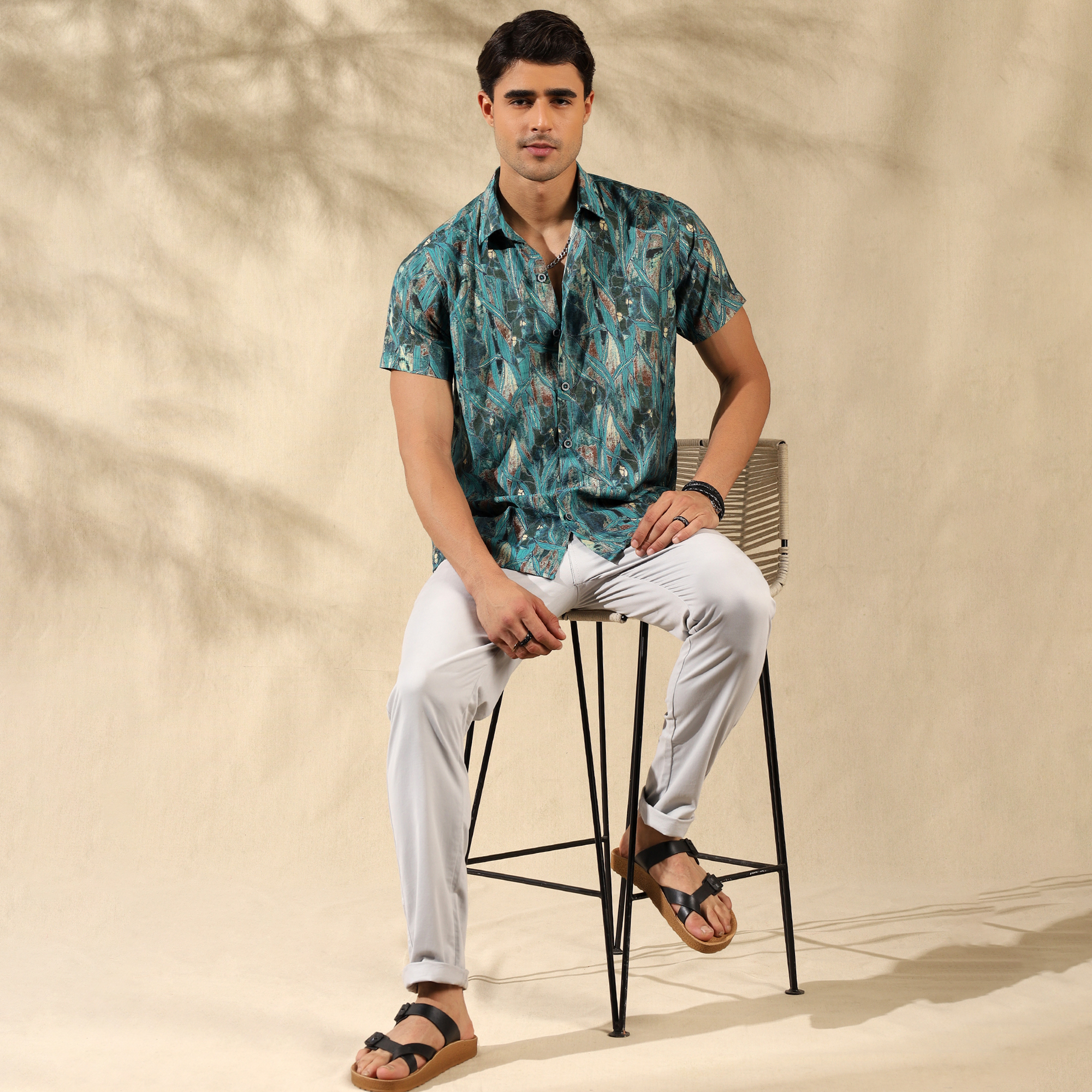 BLUE HALF CASUAL PRINTED COTTON SHIRT REGULAR FIT FOR MEN