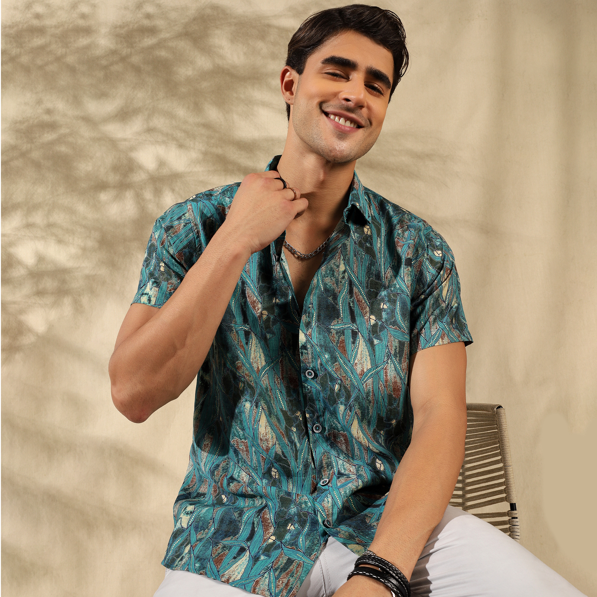 BLUE HALF CASUAL PRINTED COTTON SHIRT REGULAR FIT FOR MEN