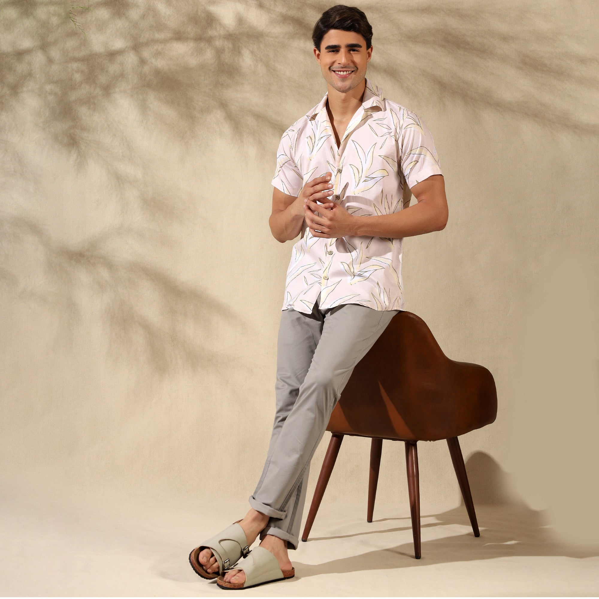 CREAM HALF CASUAL PRINTED COTTON SHIRT REGULAR FIT FOR MEN