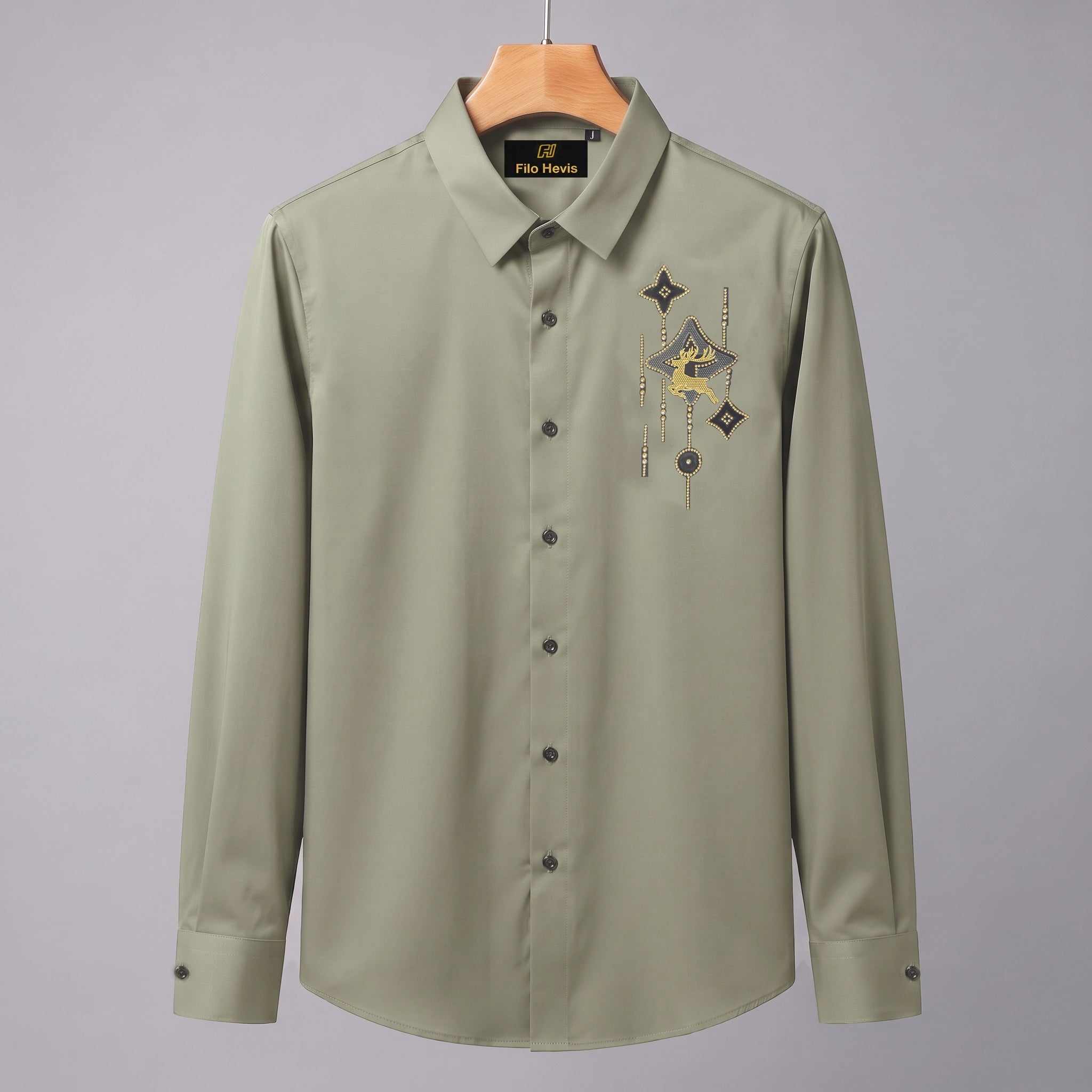 Deer Embroidery Party Shirts | Club Wear | Light-Greyish-Green