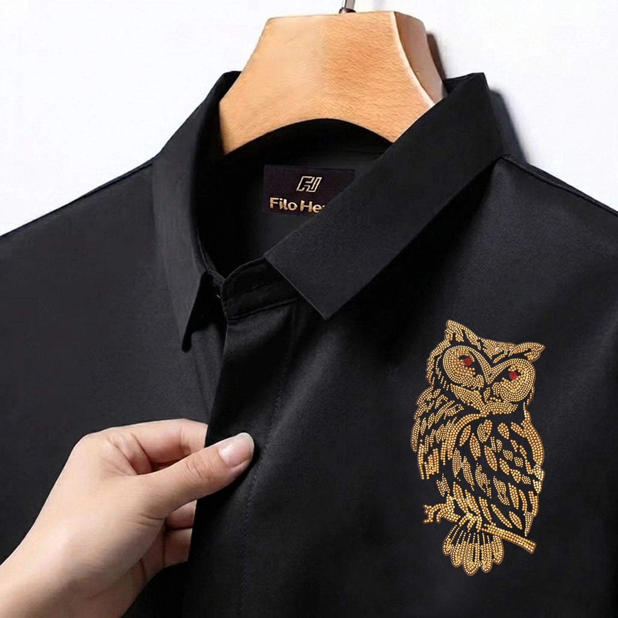 Owl Embroidery Party Shirts | Club Wear | Black