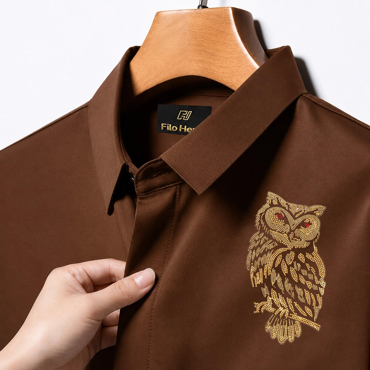 Owl Embroidery Party Shirts | Club Wear | Brown
