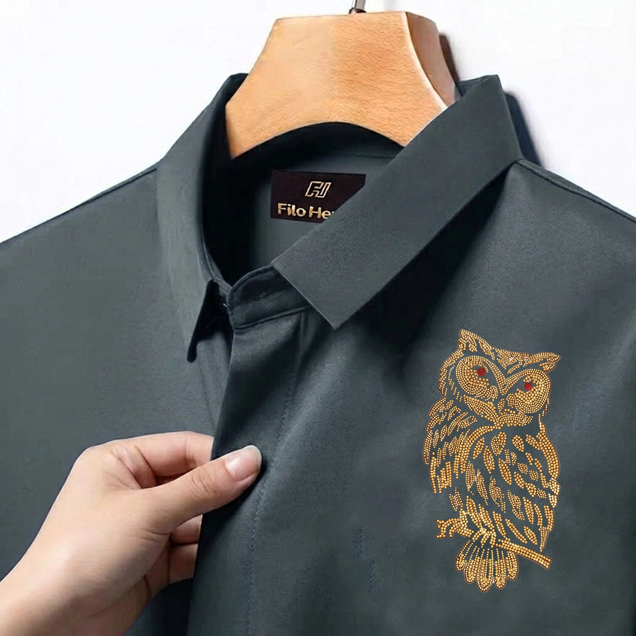 Owl Embroidery Party Shirts | Club Wear | Dark Grey
