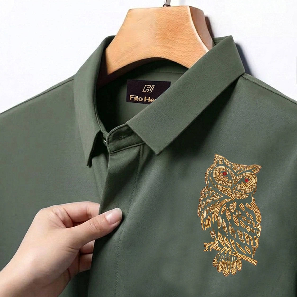 Owl Embroidery Party Shirts | Club Wear | Olive Green