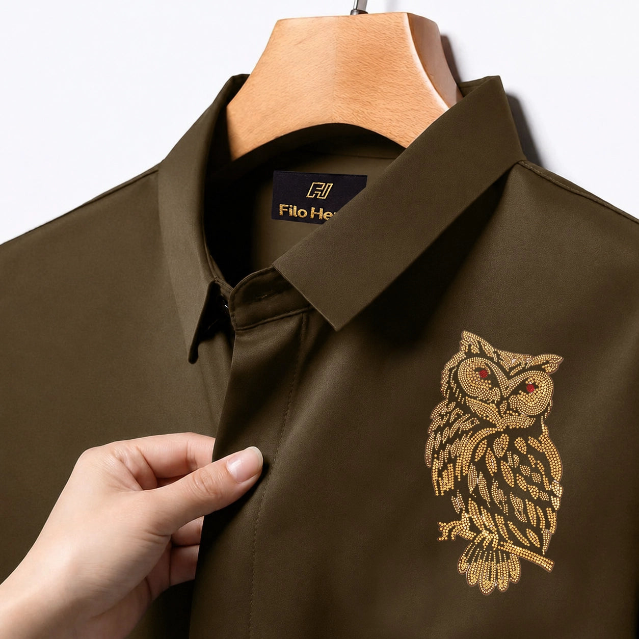 Owl Embroidery Party Shirts | Club Wear | Light Brown