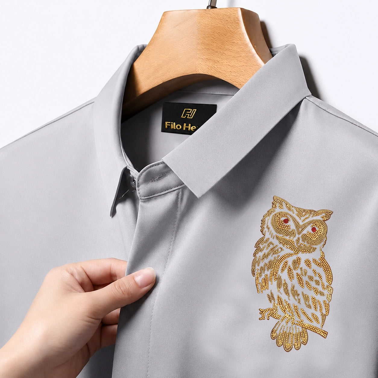 Owl Embroidery Party Shirts | Club Wear | Grey