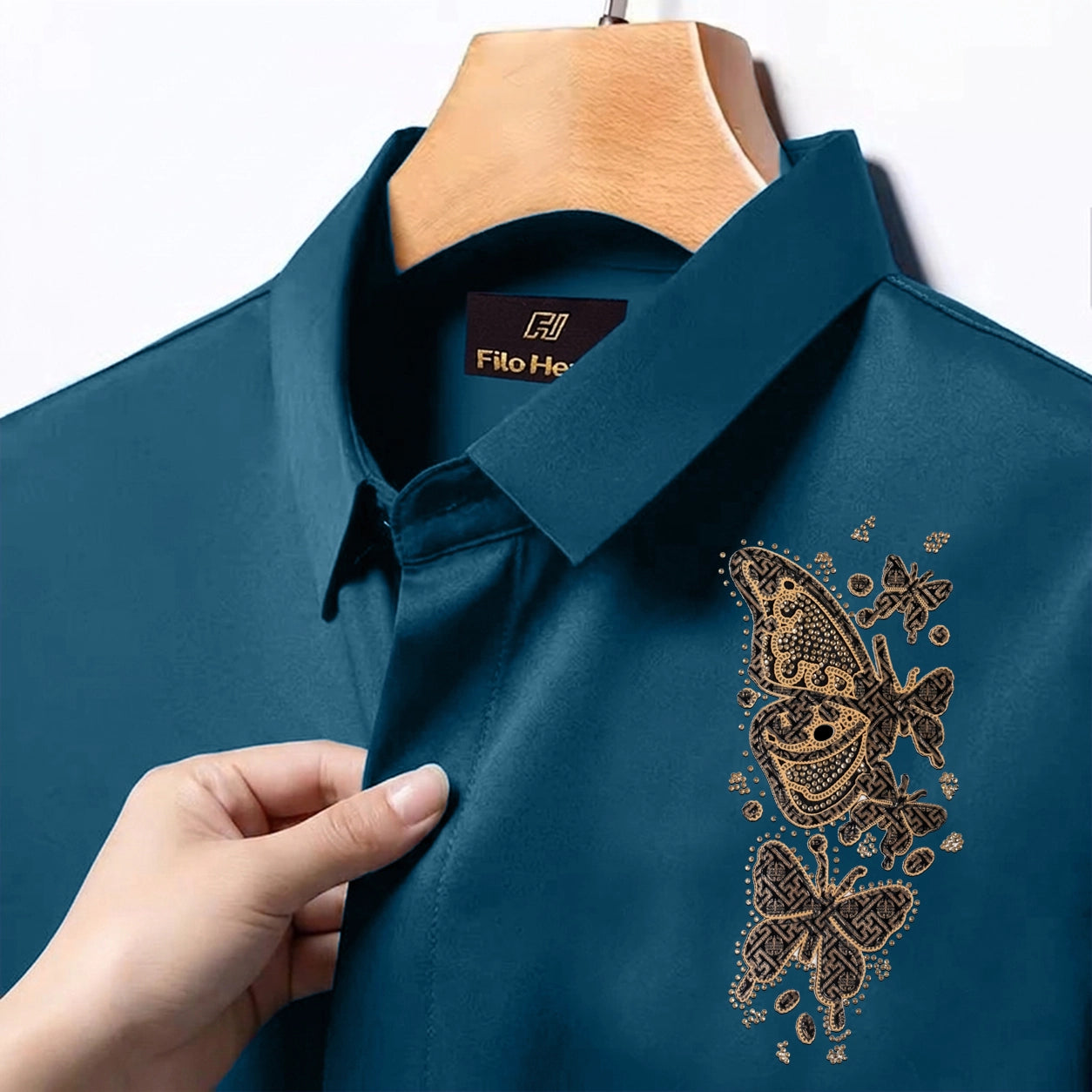 Butterfly Embroidery Party Shirts | Club Wear | Teal Blue