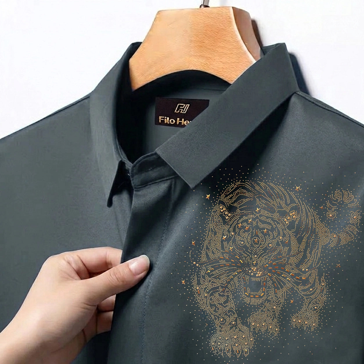 Tiger Embroidery Party Shirts | Club Wear | Dark Grey