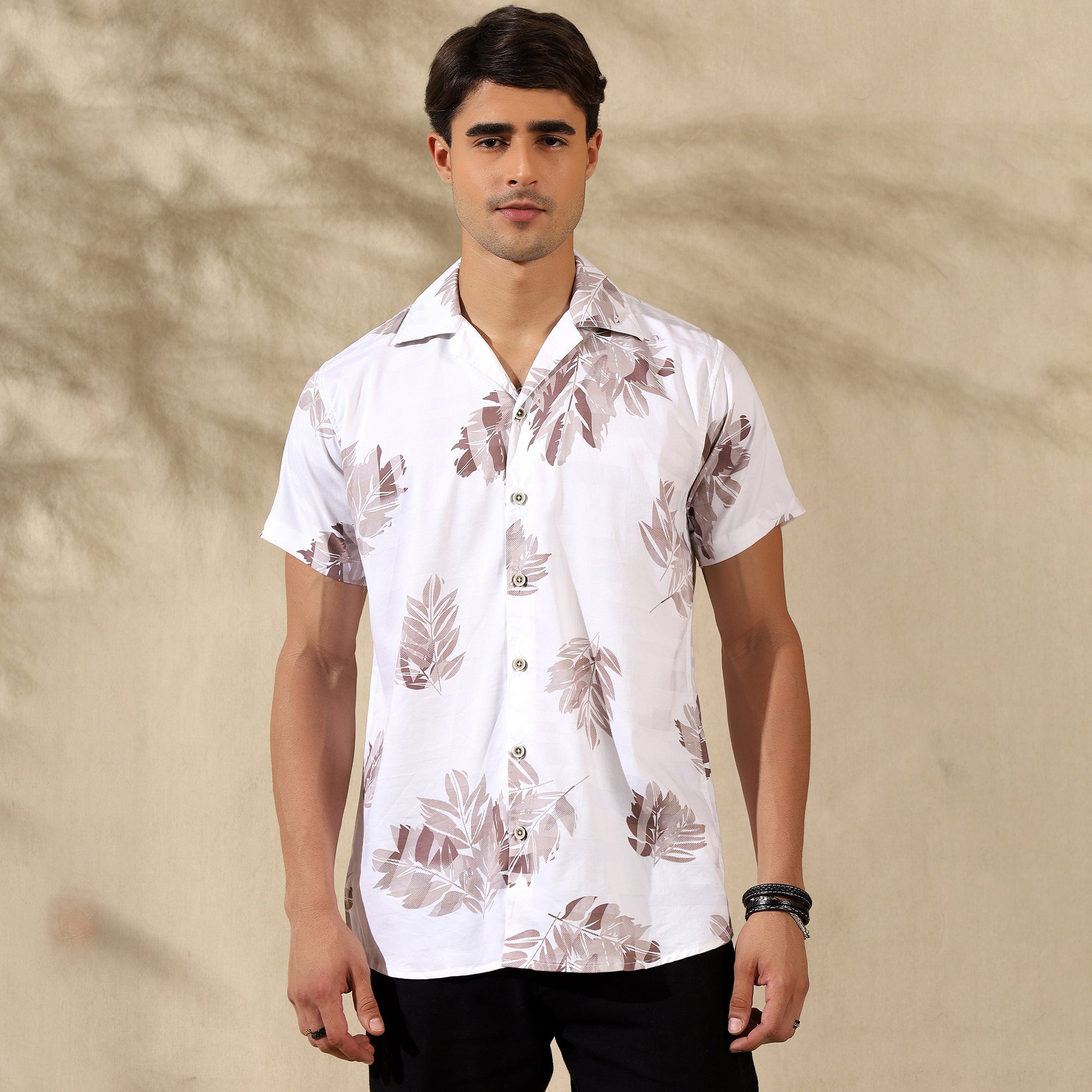 BROWN HALF CASUAL PRINTED COTTON SHIRT REGULAR FIT FOR MEN
