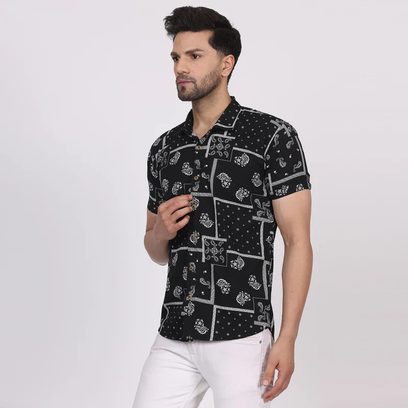 Men's Regular Fit Half Sleeve Printed Shirt-Black