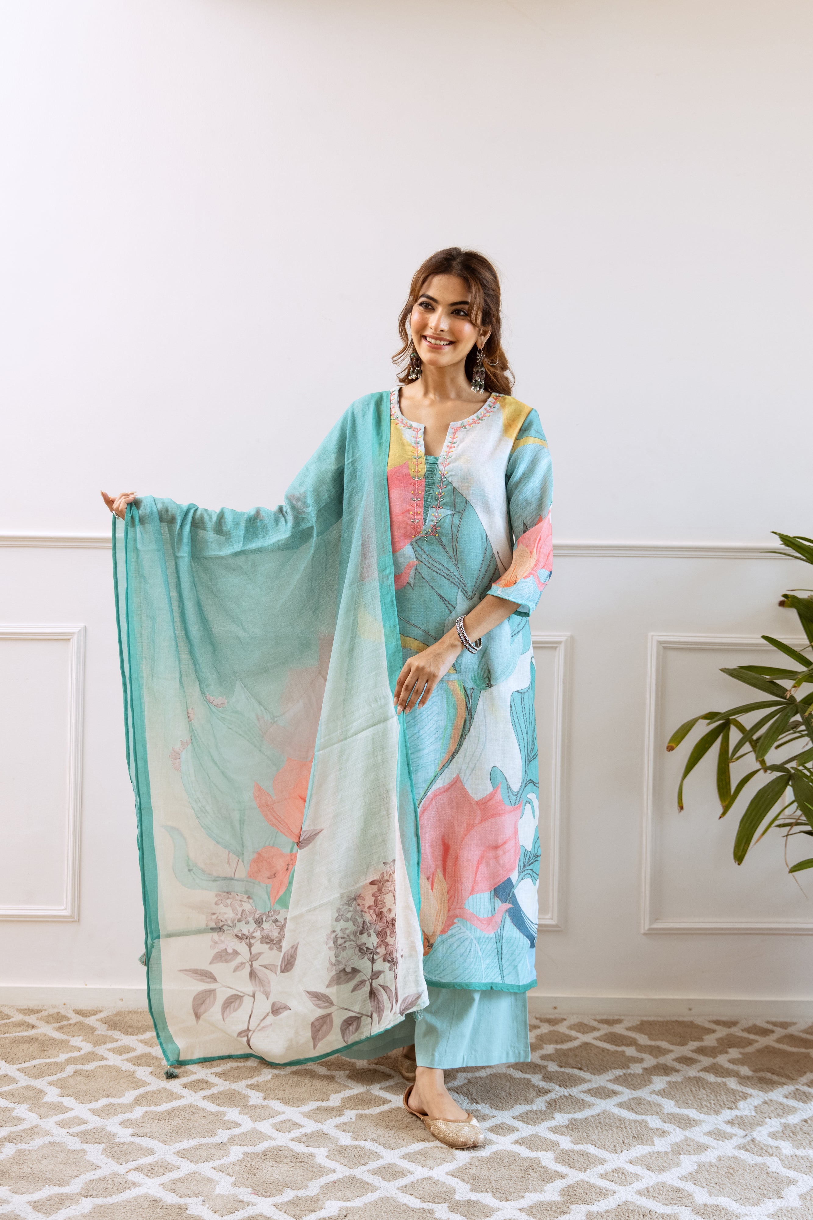 FLORAL PRINTED LINEN STRAIGHT KURTA SET WITH DUPATTA | THREE-PIECE ETHNIC WEAR FOR WOMEN | PLUS SIZE AVAILABLE-Multicolor