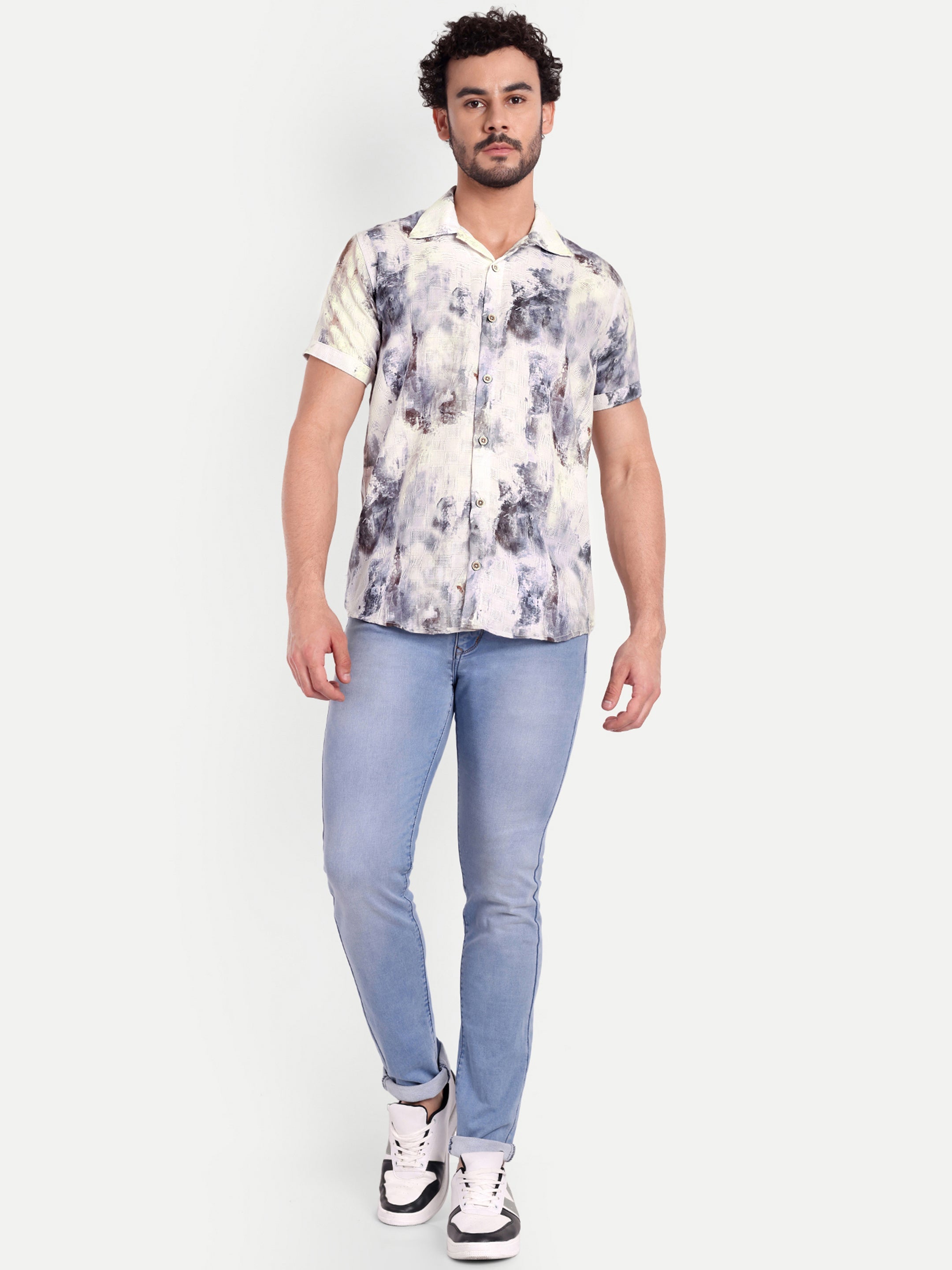 White Printed Textured Half Shirt