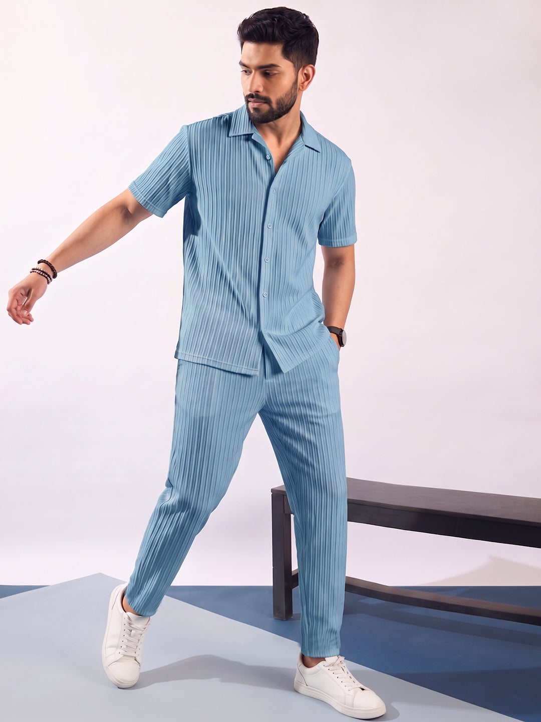 SELF-STRIPE POPCORN CORD SET FOR MEN | MATCHING SETS WITH PANTS Light Sky