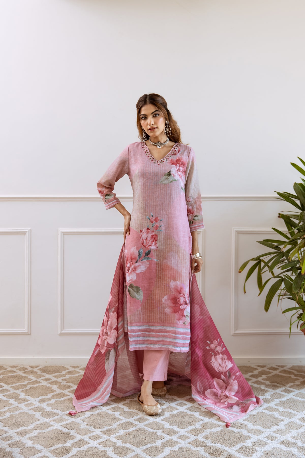 FLORAL PRINTED LINEN STRAIGHT KURTA SET WITH DUPATTA | THREE-PIECE ETHNIC WEAR FOR WOMEN | PLUS SIZE AVAILABLE-Rose Pink