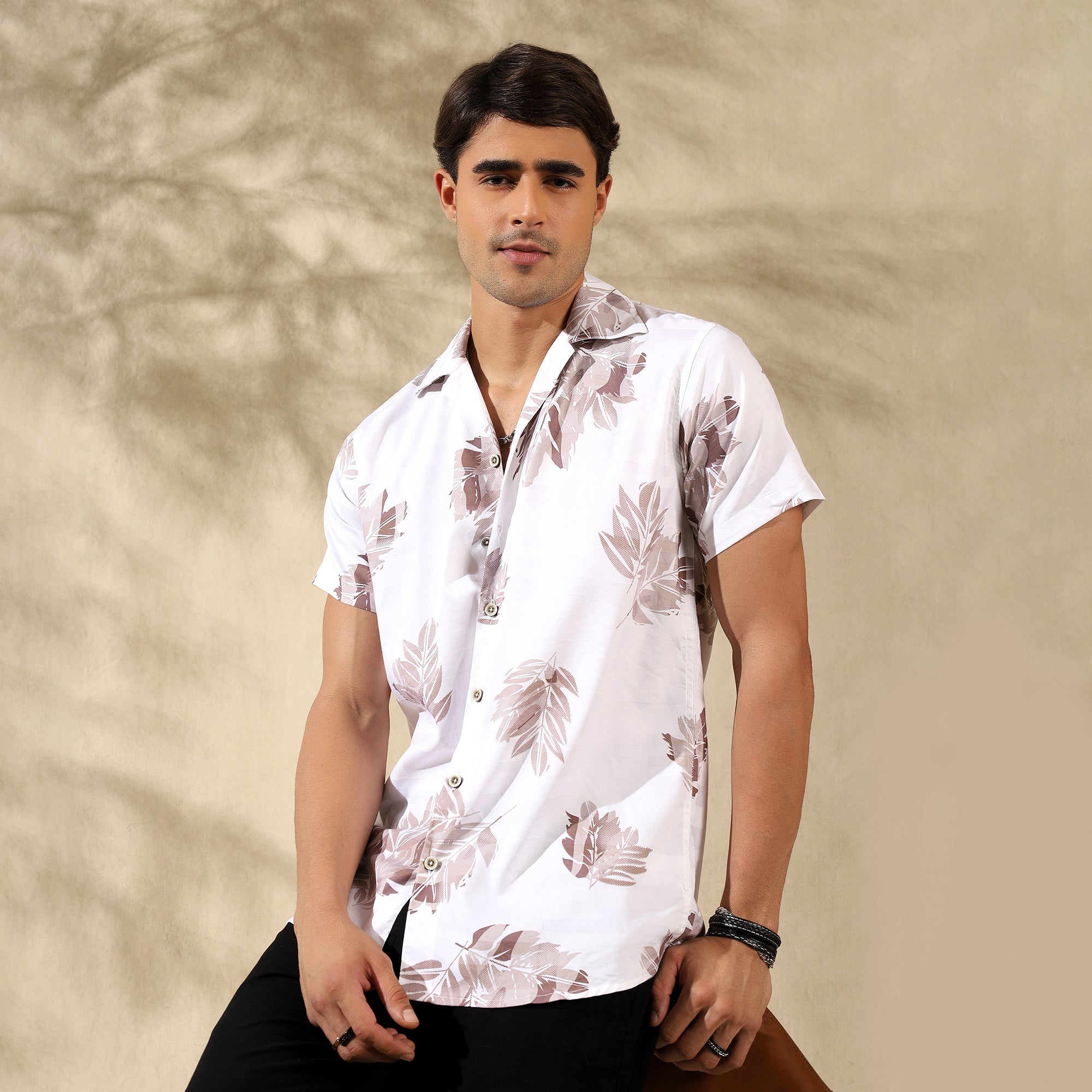 BROWN HALF CASUAL PRINTED COTTON SHIRT REGULAR FIT FOR MEN