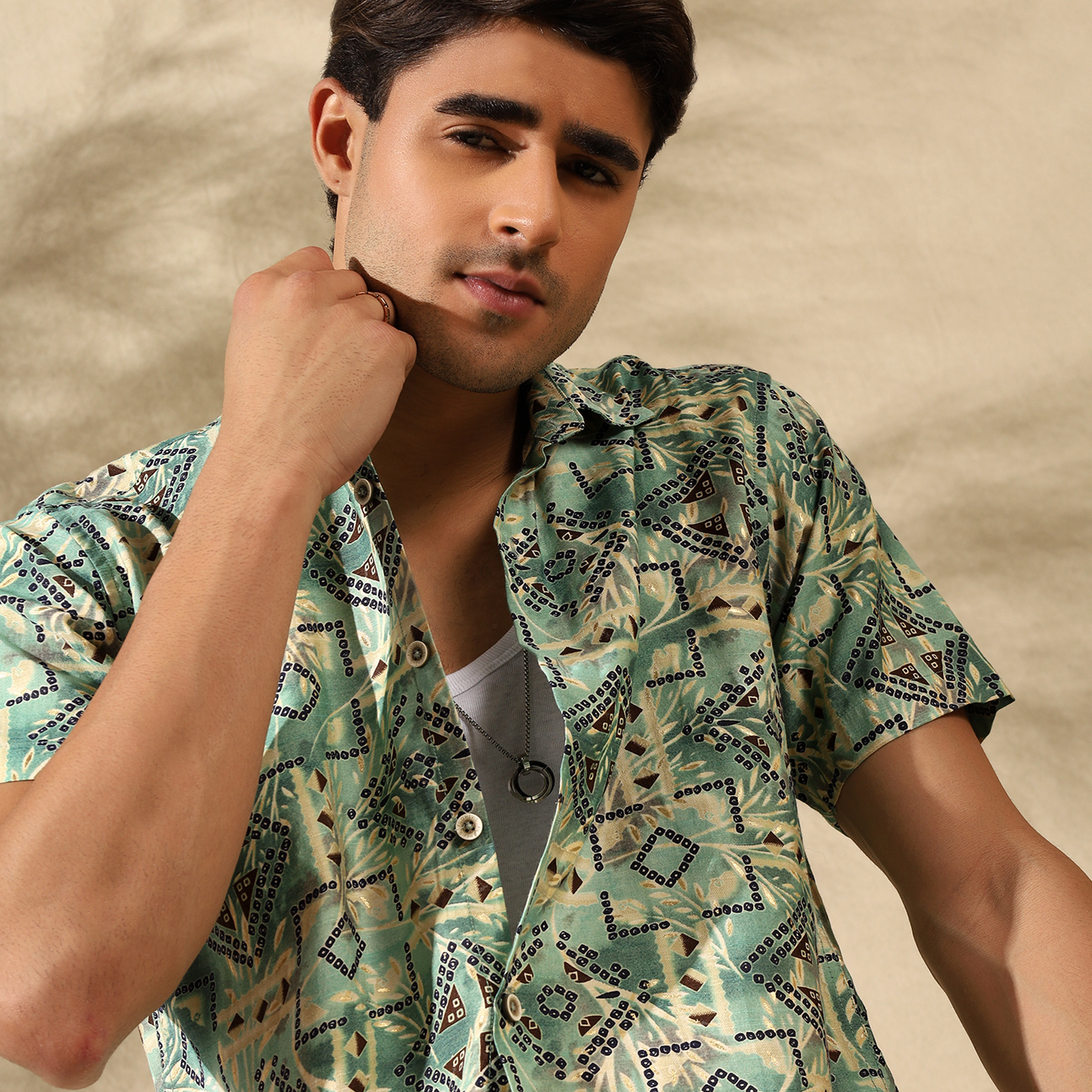 GREEN HALF CASUAL PRINTED COTTON SHIRT REGULAR FIT FOR MEN