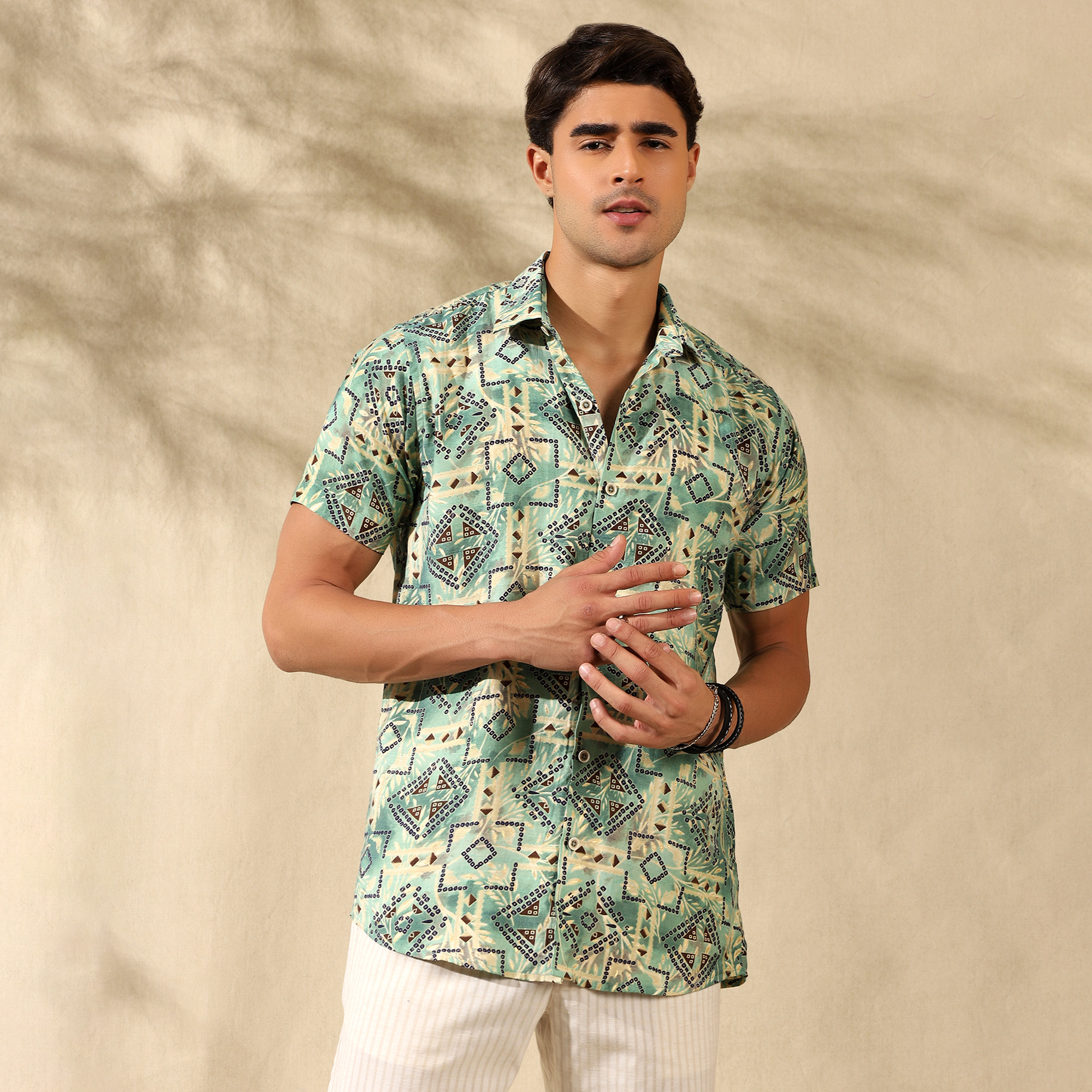 GREEN HALF CASUAL PRINTED COTTON SHIRT REGULAR FIT FOR MEN