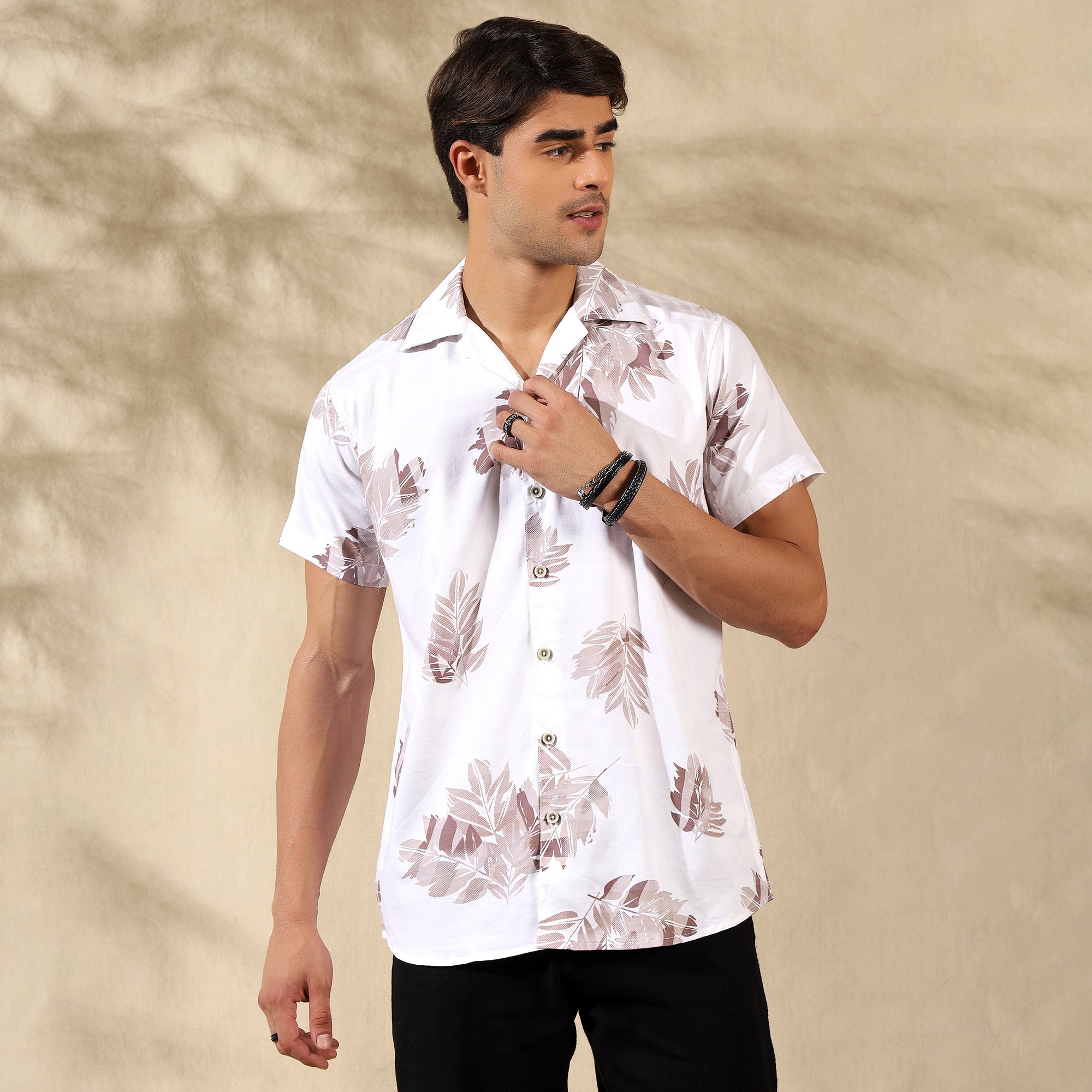 BROWN HALF CASUAL PRINTED COTTON SHIRT REGULAR FIT FOR MEN
