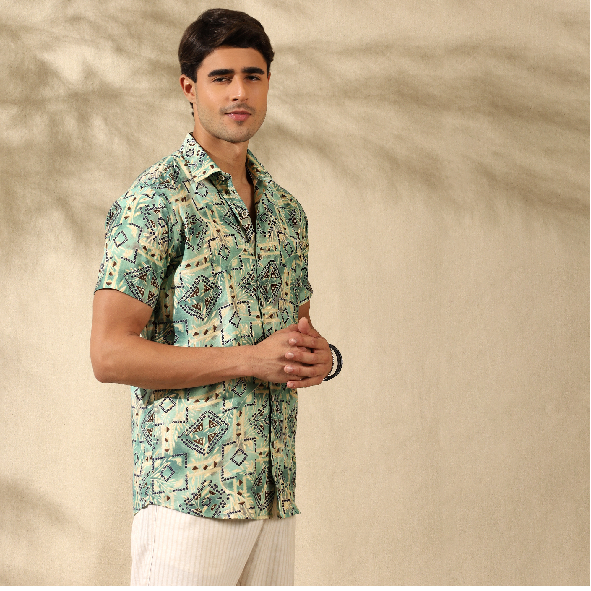 GREEN HALF CASUAL PRINTED COTTON SHIRT REGULAR FIT FOR MEN