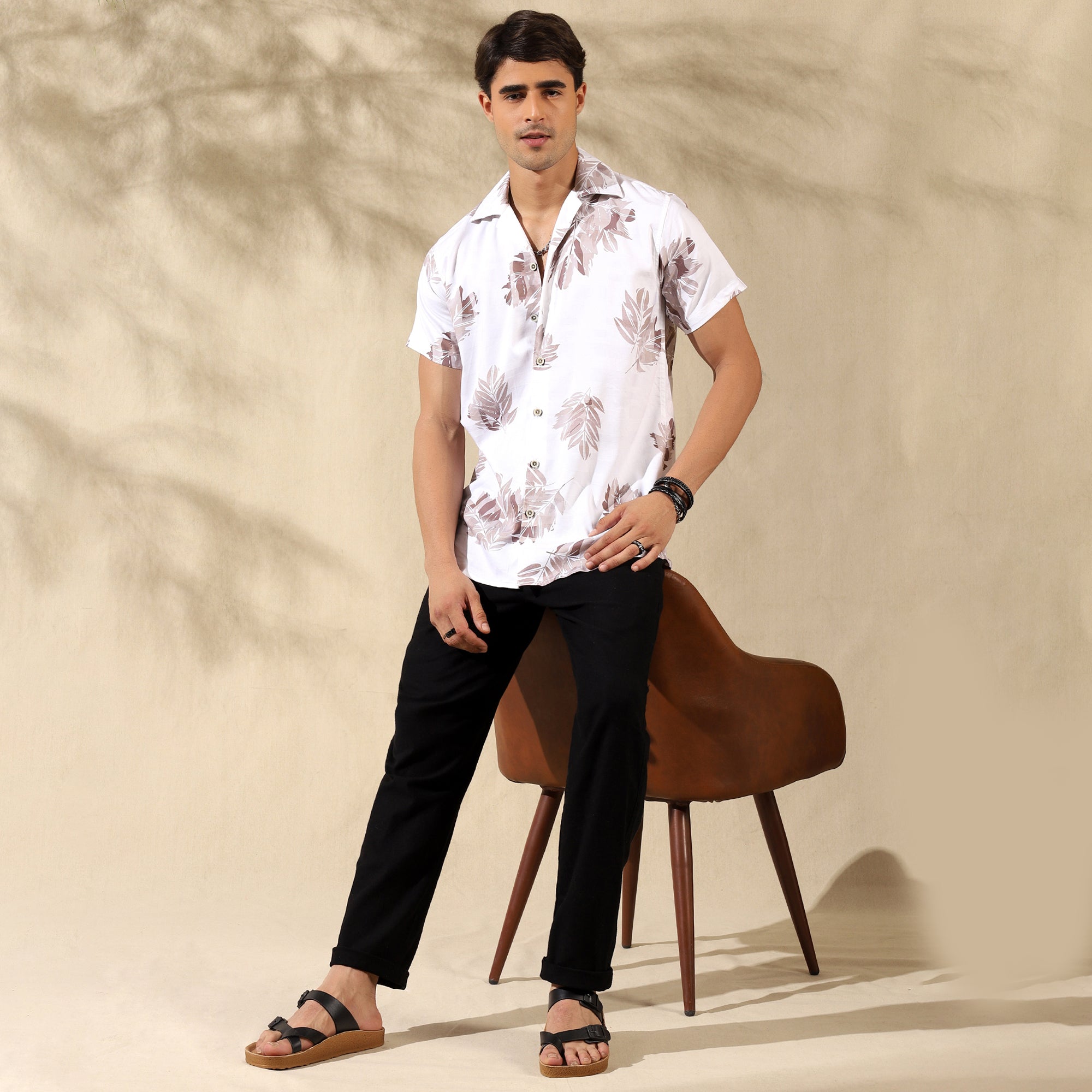 BROWN HALF CASUAL PRINTED COTTON SHIRT REGULAR FIT FOR MEN