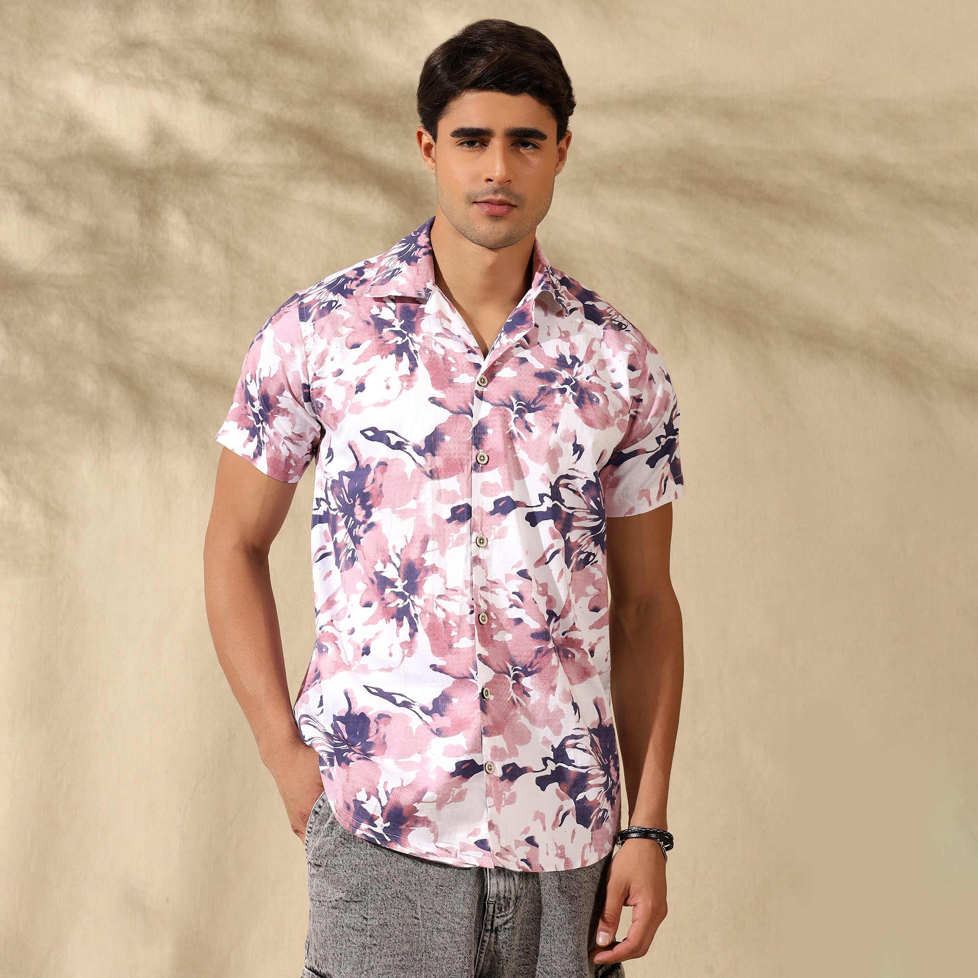 PEACH HALF CASUAL PRINTED COTTON SHIRT REGULAR FIT FOR MEN