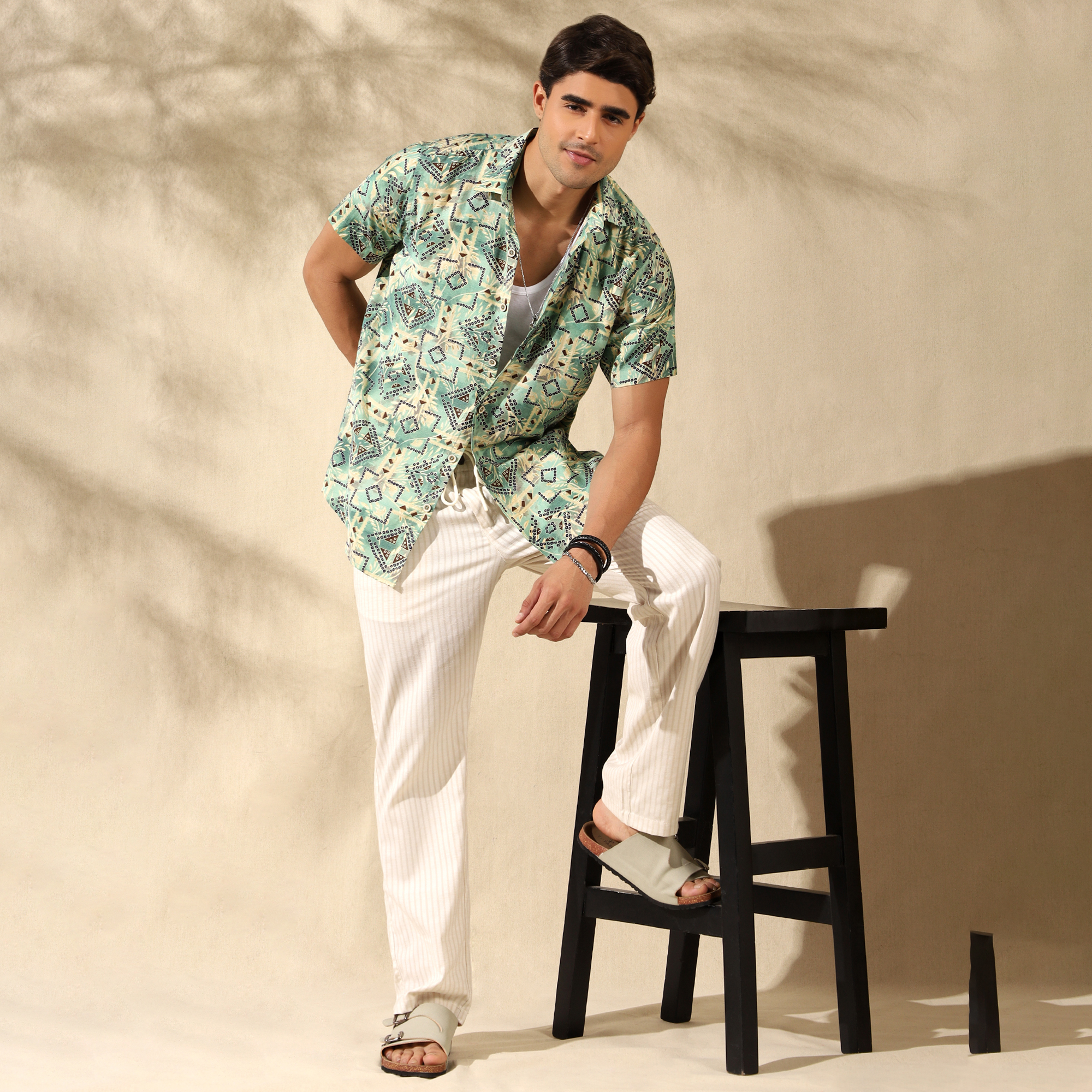 GREEN HALF CASUAL PRINTED COTTON SHIRT REGULAR FIT FOR MEN