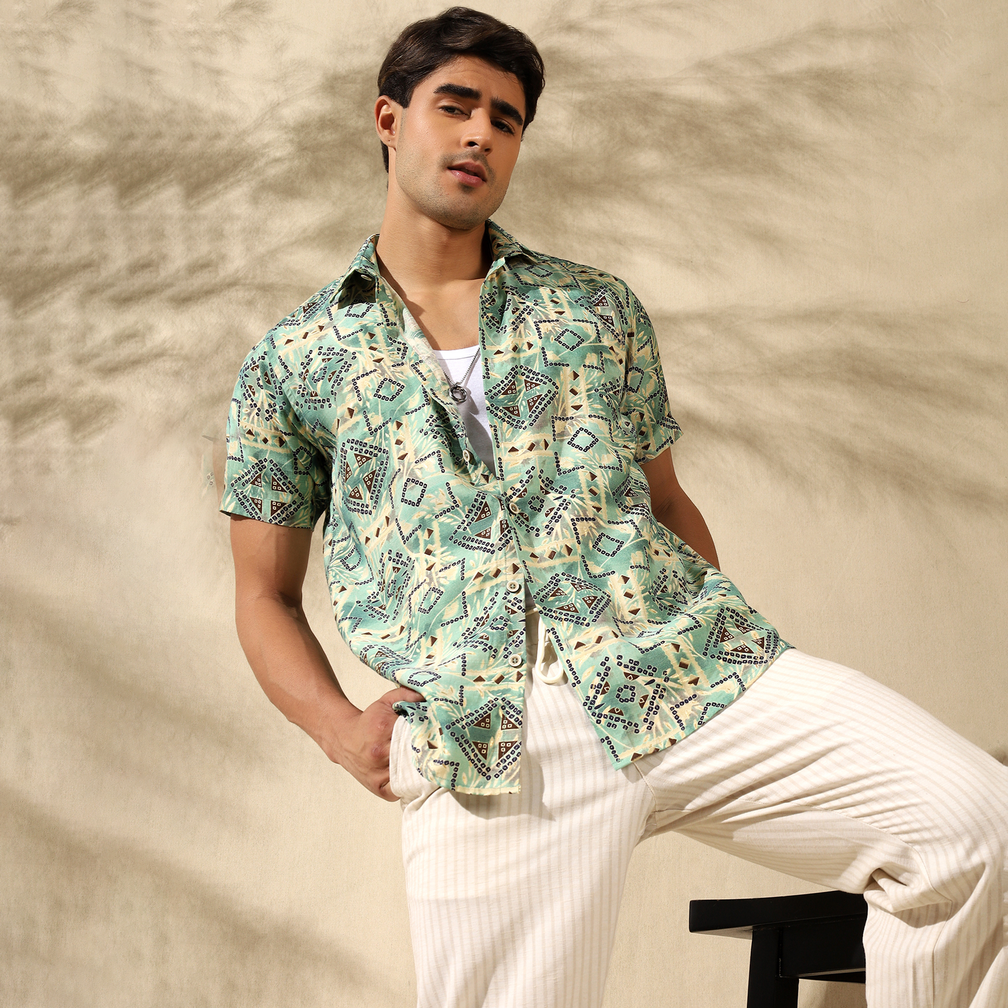 GREEN HALF CASUAL PRINTED COTTON SHIRT REGULAR FIT FOR MEN