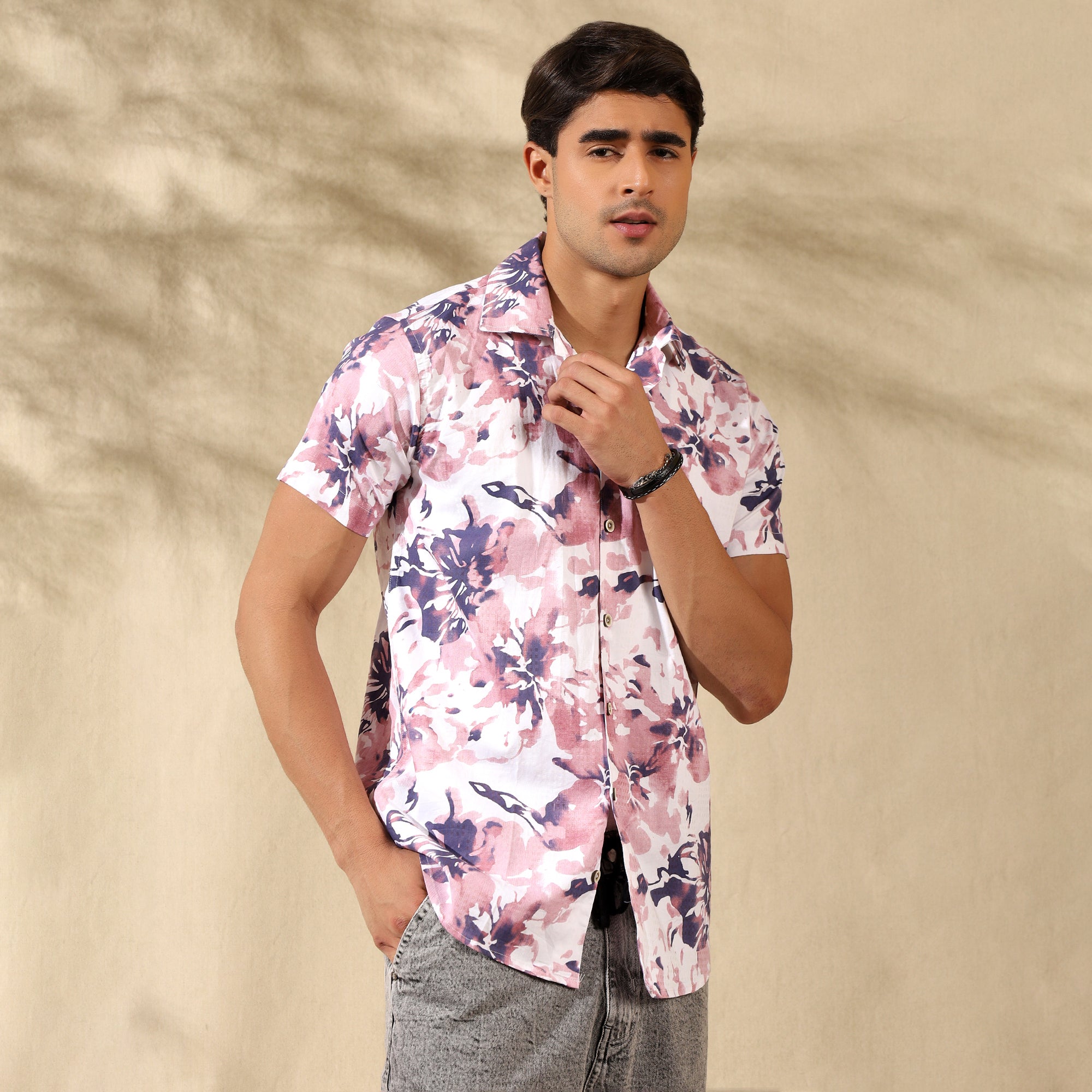 PEACH HALF CASUAL PRINTED COTTON SHIRT REGULAR FIT FOR MEN