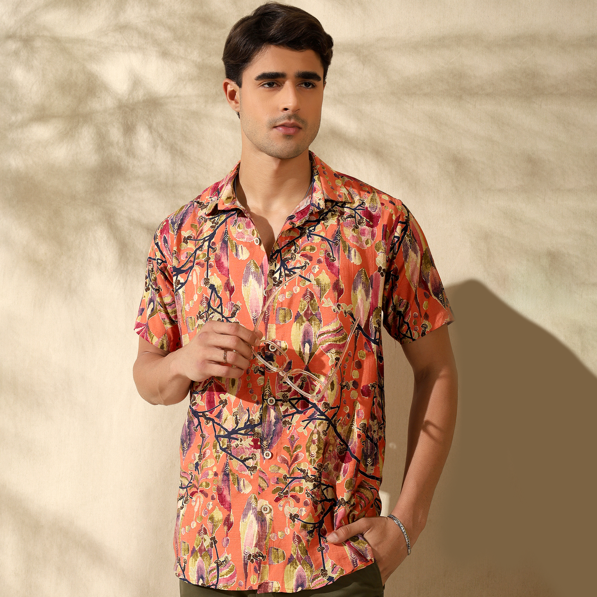 ORANGE HALF CASUAL PRINTED COTTON SHIRT REGULAR FIT FOR MEN