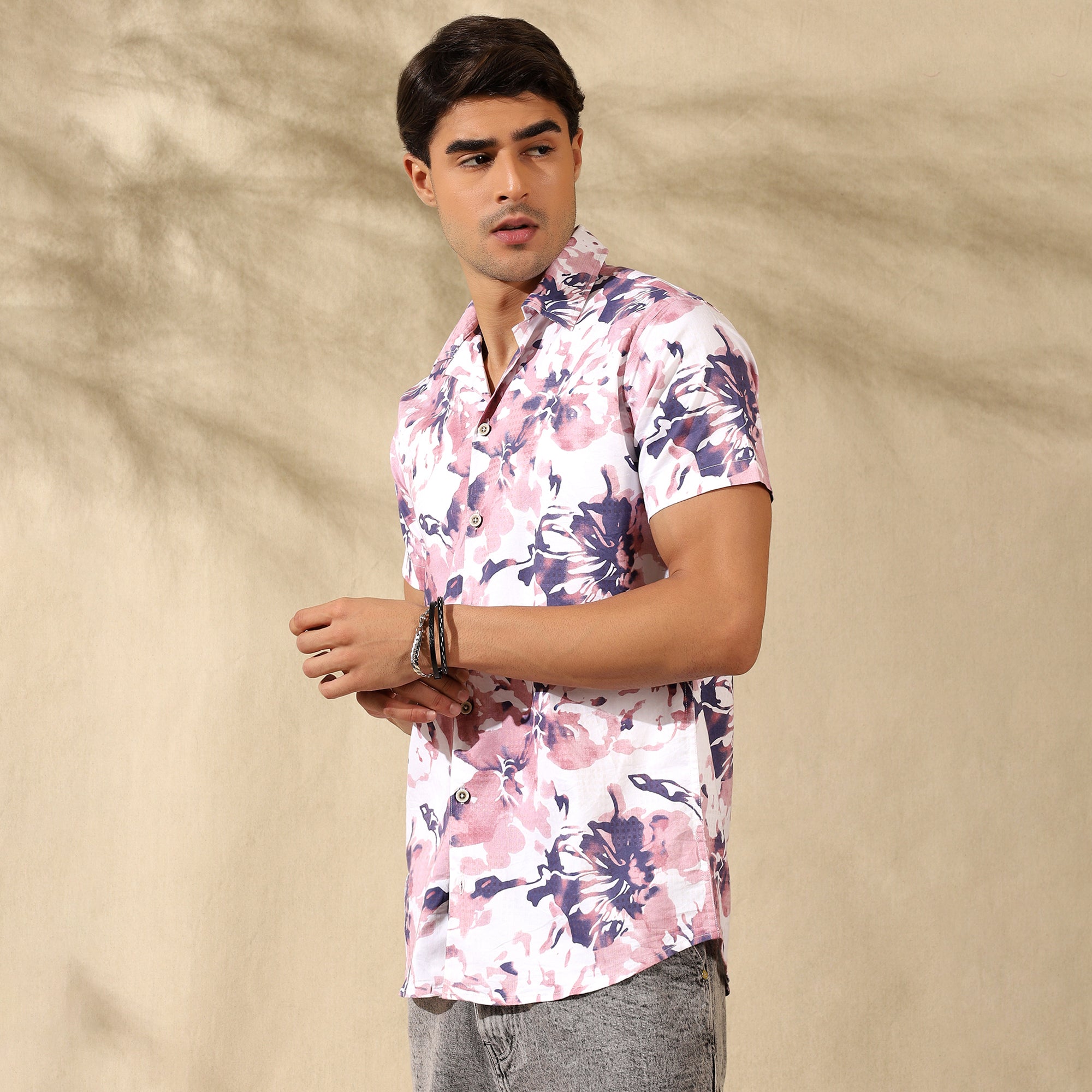 PEACH HALF CASUAL PRINTED COTTON SHIRT REGULAR FIT FOR MEN