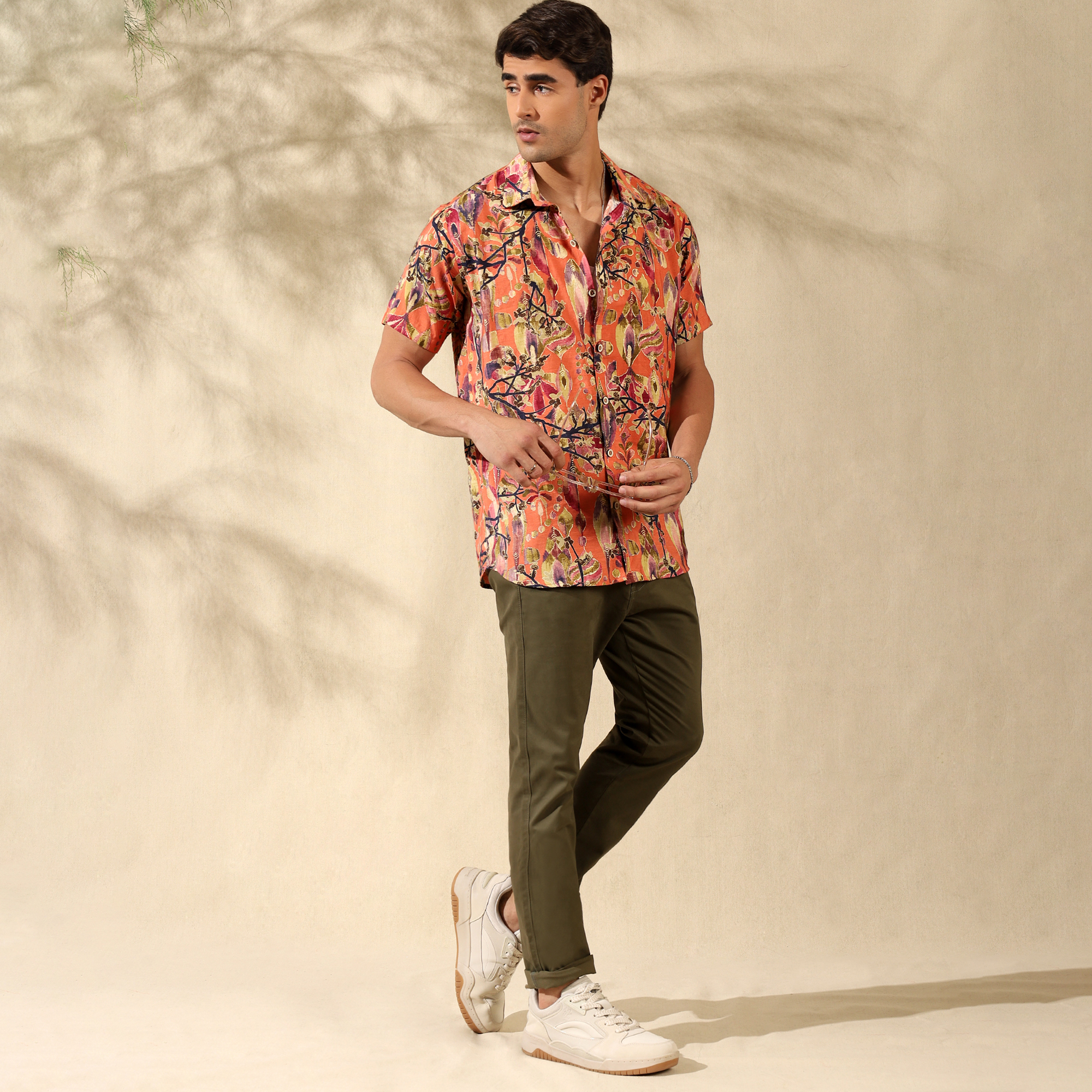 ORANGE HALF CASUAL PRINTED COTTON SHIRT REGULAR FIT FOR MEN