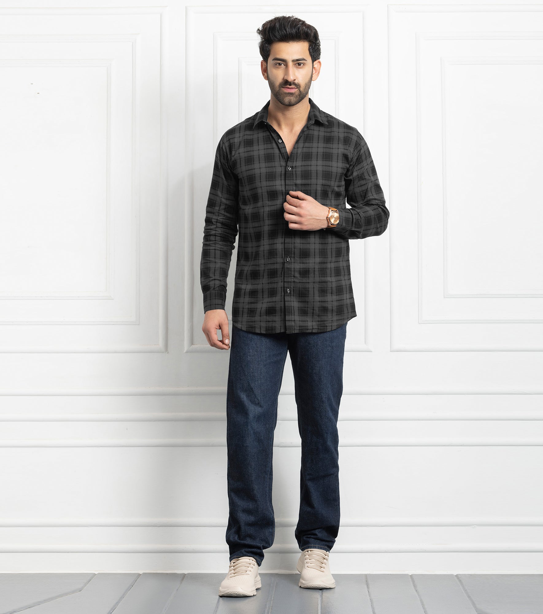 FORMAL COTTON CHECK SHIRTS FOR MEN - Dark Grey Plaid (Long Sleeve)