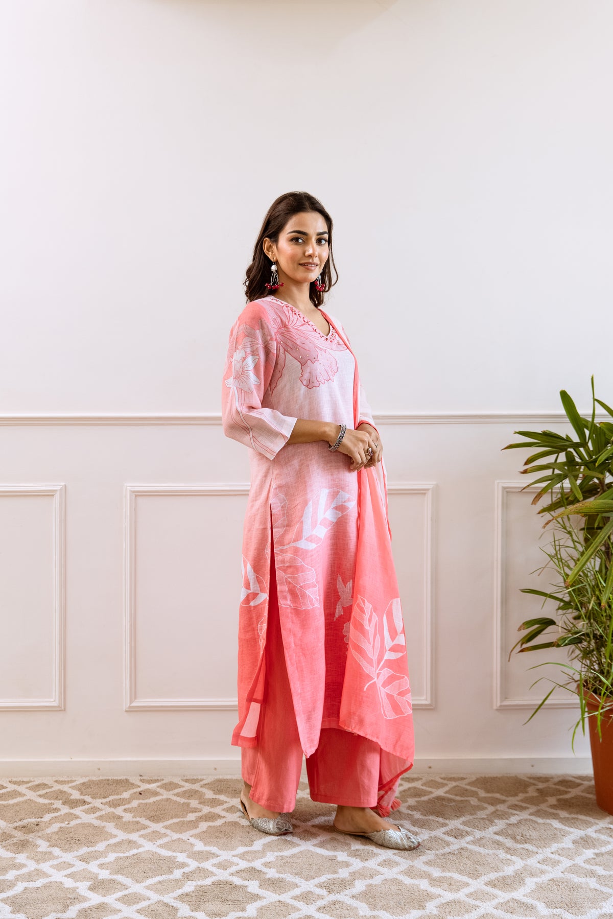 FLORAL PRINTED LINEN STRAIGHT KURTA SET WITH DUPATTA | THREE-PIECE ETHNIC WEAR FOR WOMEN | PLUS SIZE AVAILABLE-Light Pink