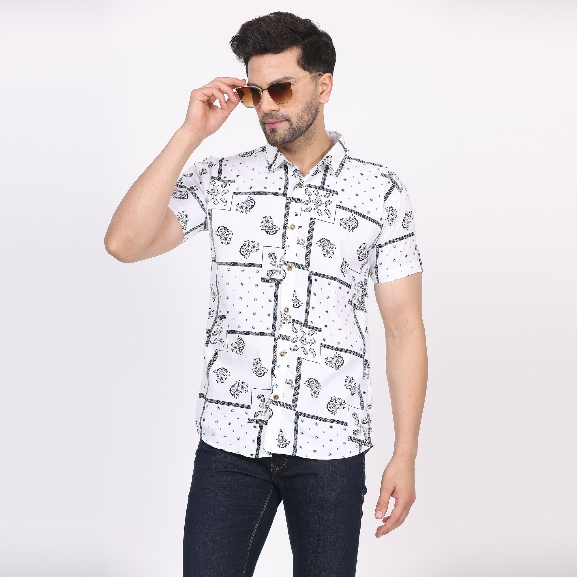 Men's Regular Fit Half Sleeve Printed Shirt-White