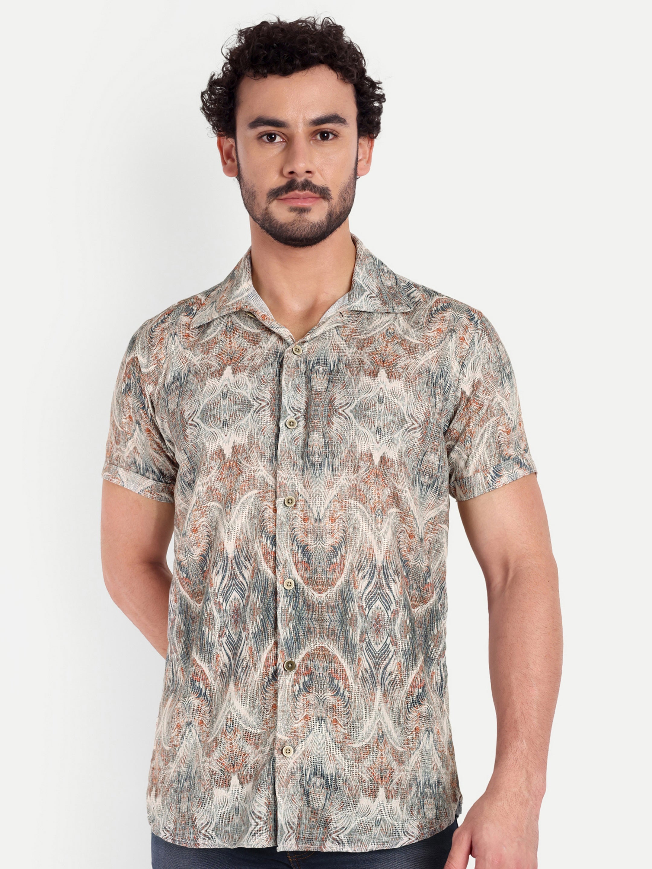 Green Printed Textured Half Shirt