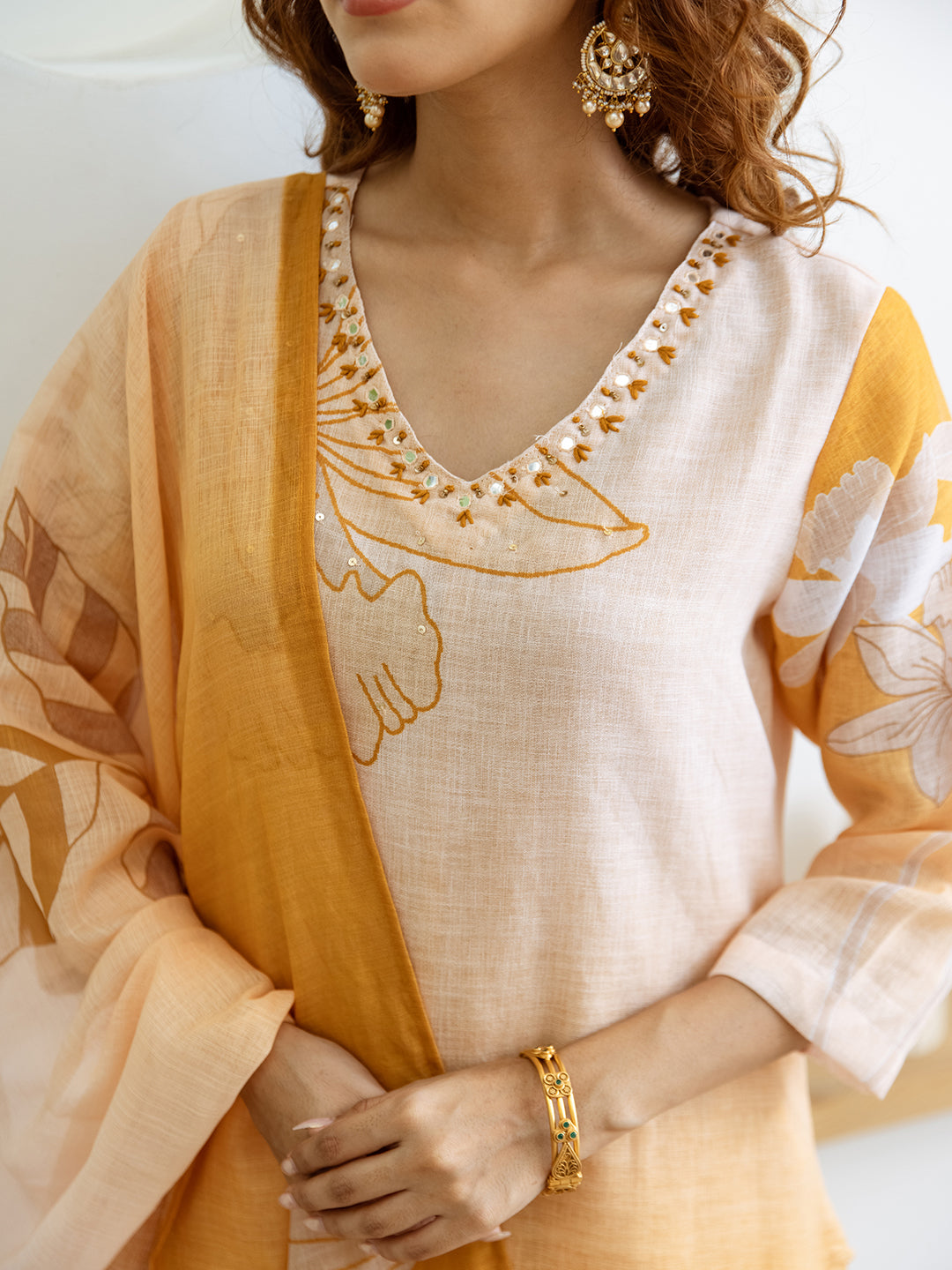 FLORAL PRINTED LINEN STRAIGHT KURTA SET WITH DUPATTA | THREE-PIECE ETHNIC WEAR FOR WOMEN | PLUS SIZE AVAILABLE-Yellow