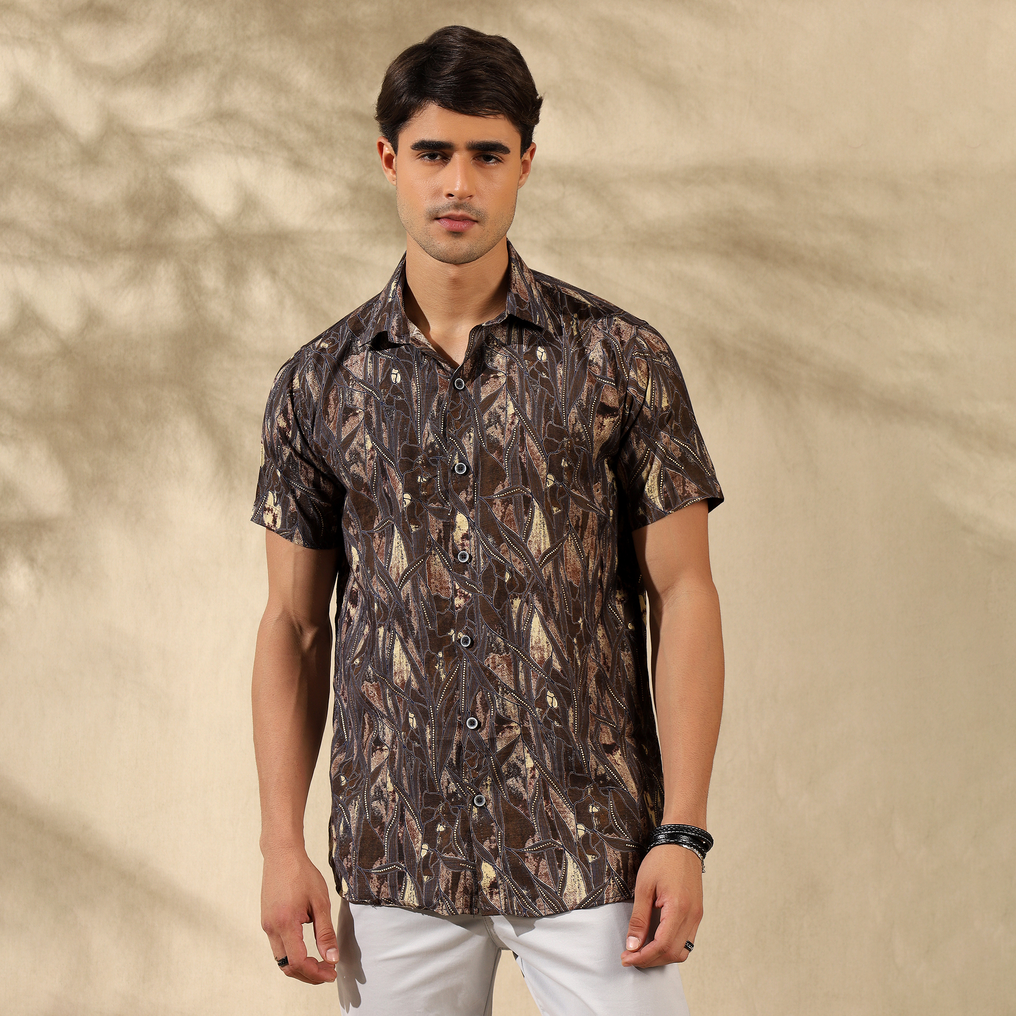 BROWN HALF CASUAL PRINTED COTTON SHIRT REGULAR FIT FOR MEN