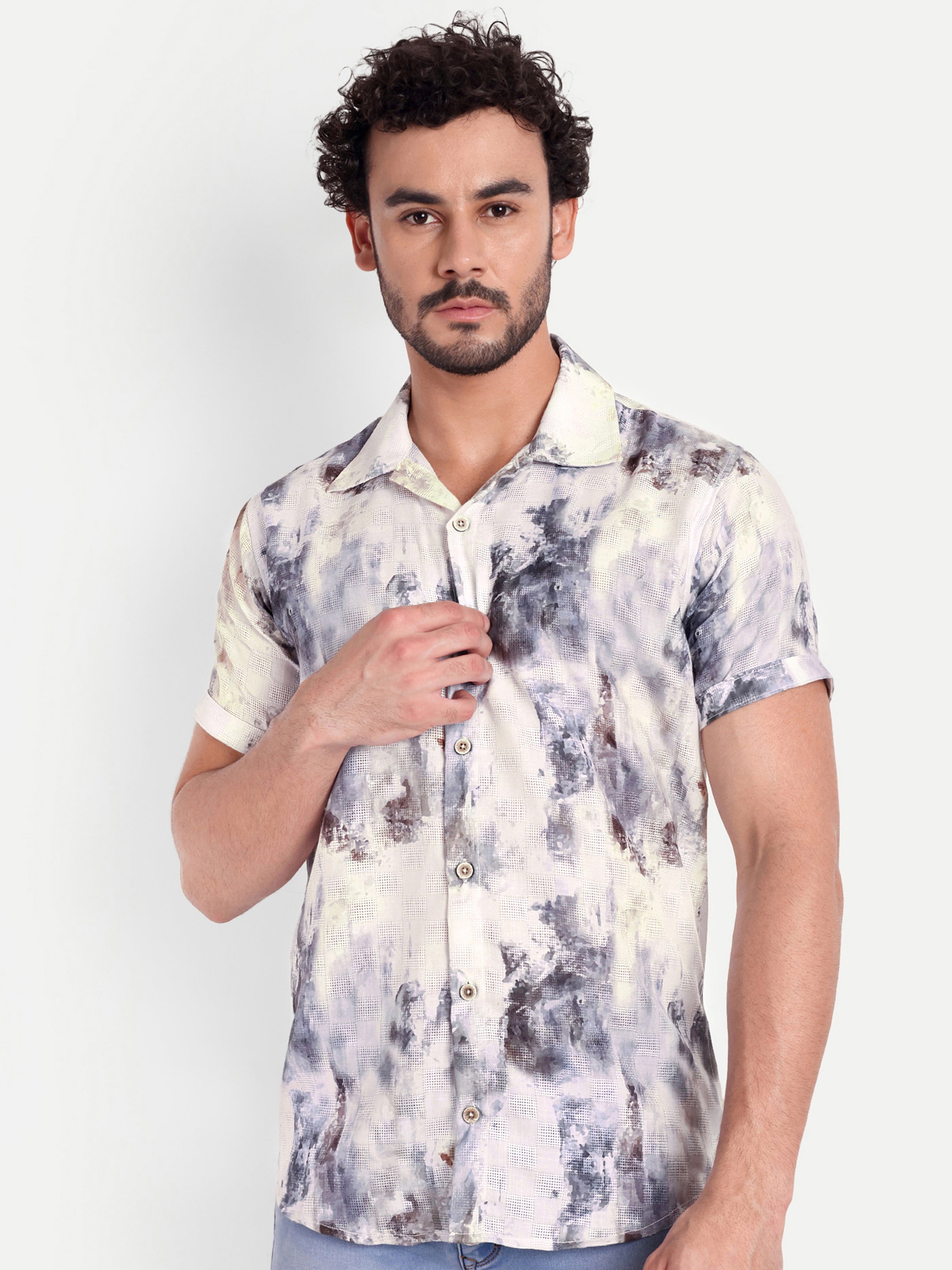 White Printed Textured Half Shirt
